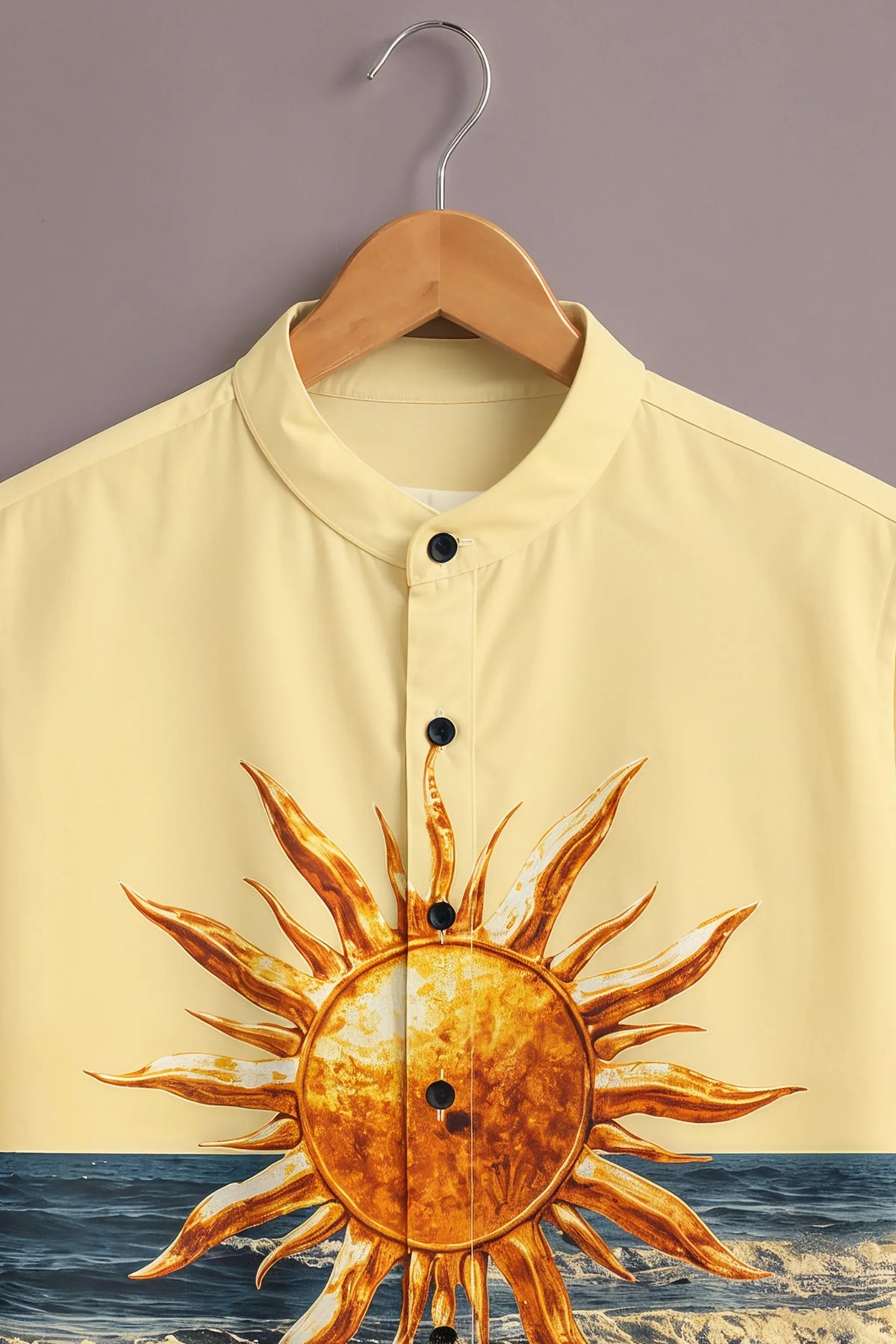 Men's Premium Sun & Ocean Print Mandarin Collar Shirt