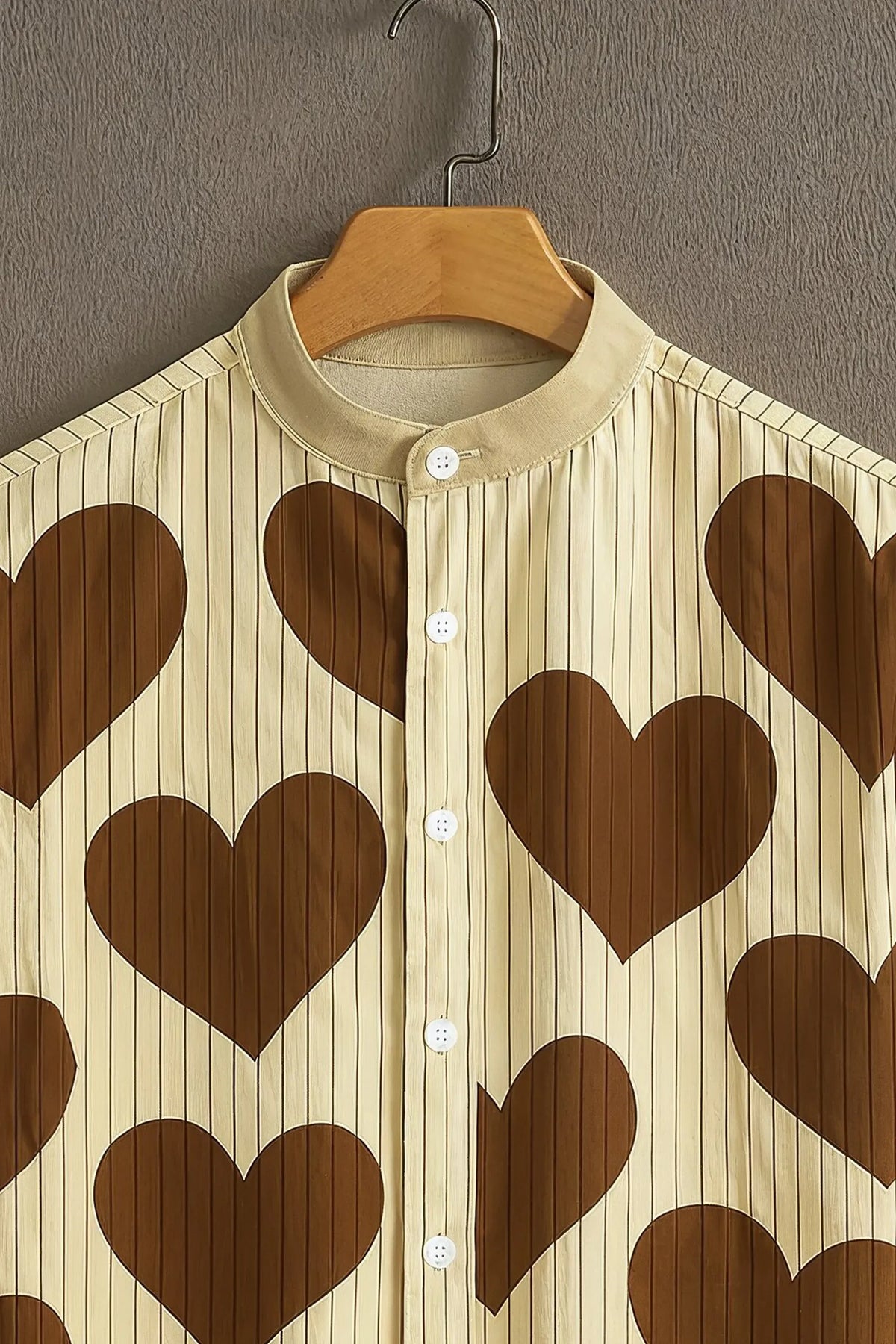 Men's Cream Brown Heart Print Mandarin Collar Shirt