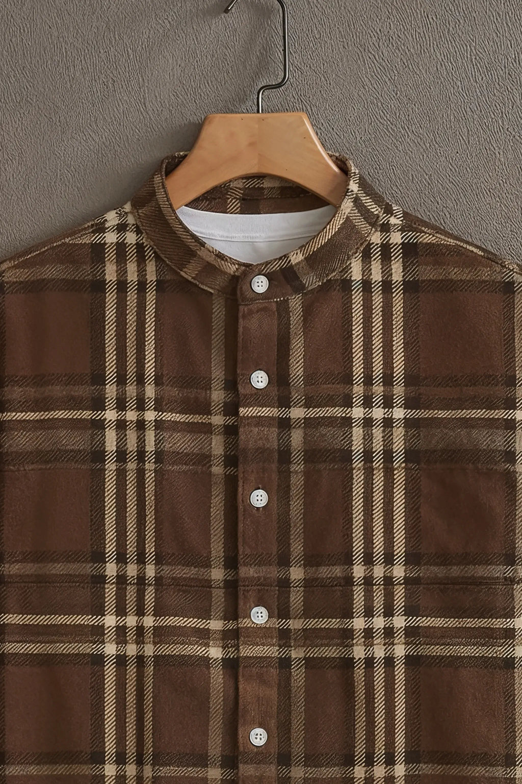 Men's Premium Brown Beige Plaid Check Mandarin Collar Shirt
