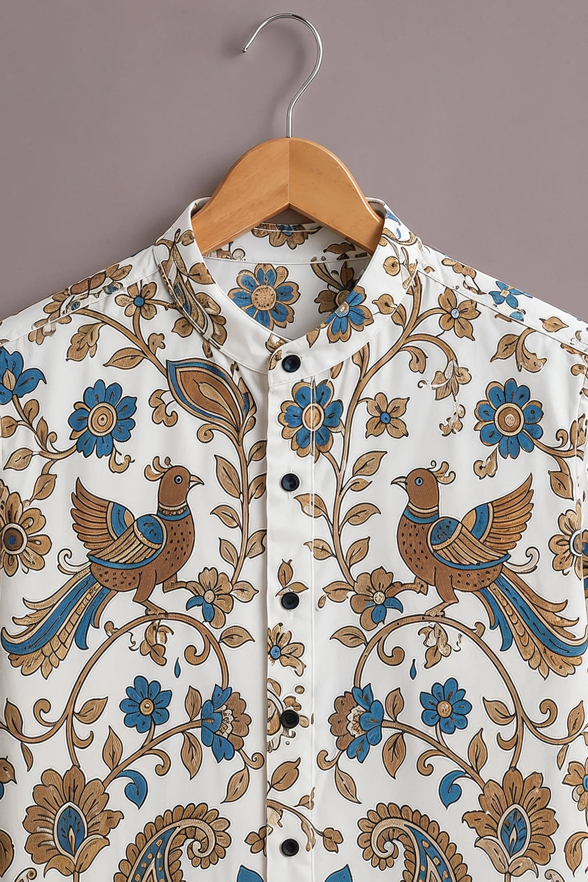 Men's Floral Peacock Print Mandarin Collar Shirt