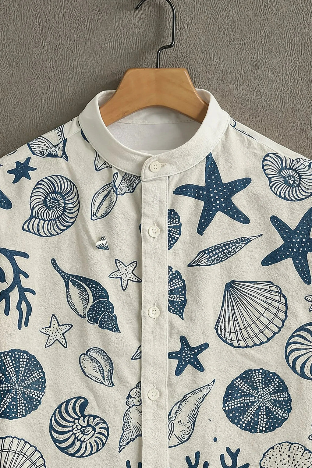 Men's Seashell Starfish Print Mandarin Collar Shirt
