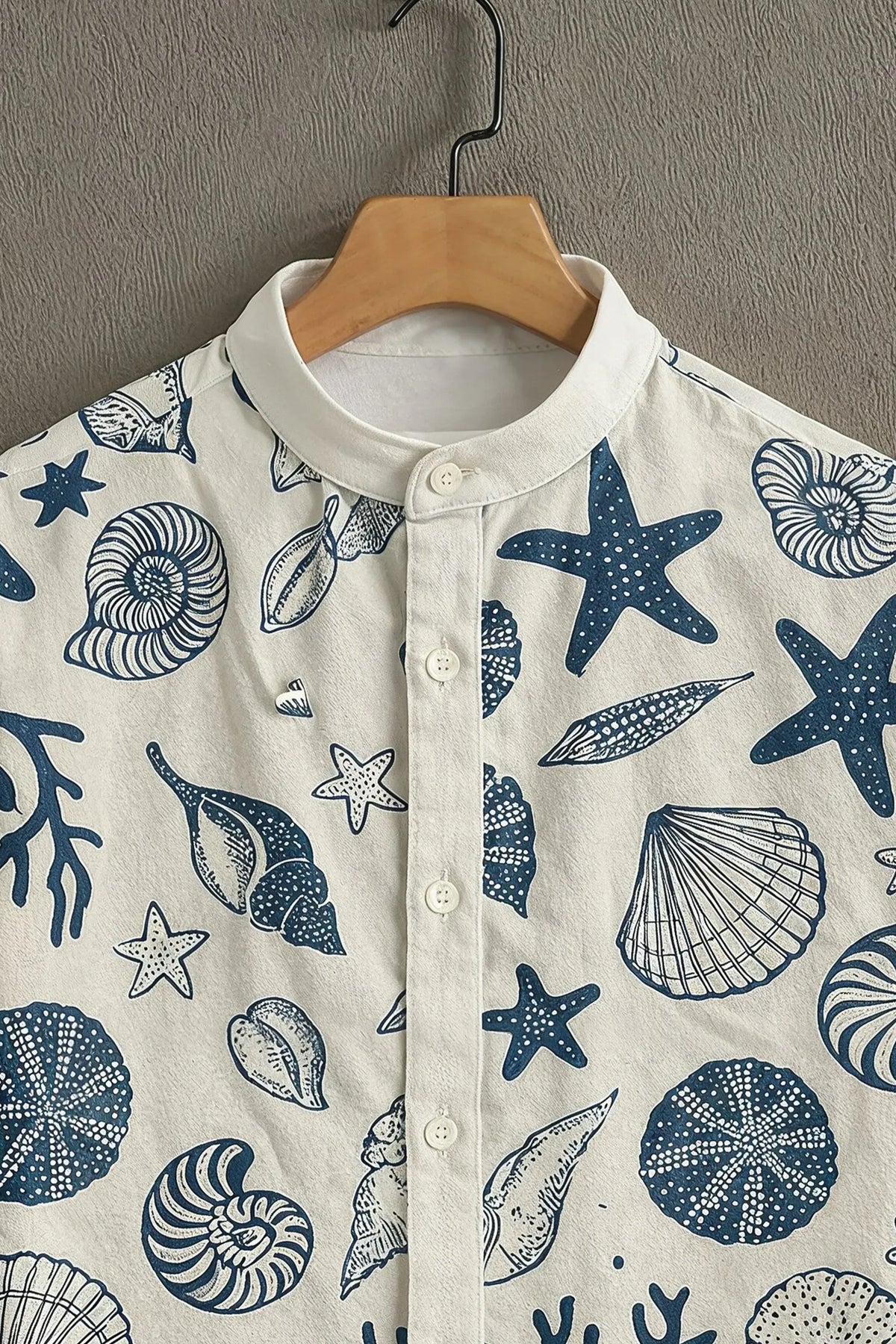 Men's Seashell Starfish Print Mandarin Collar Shirt