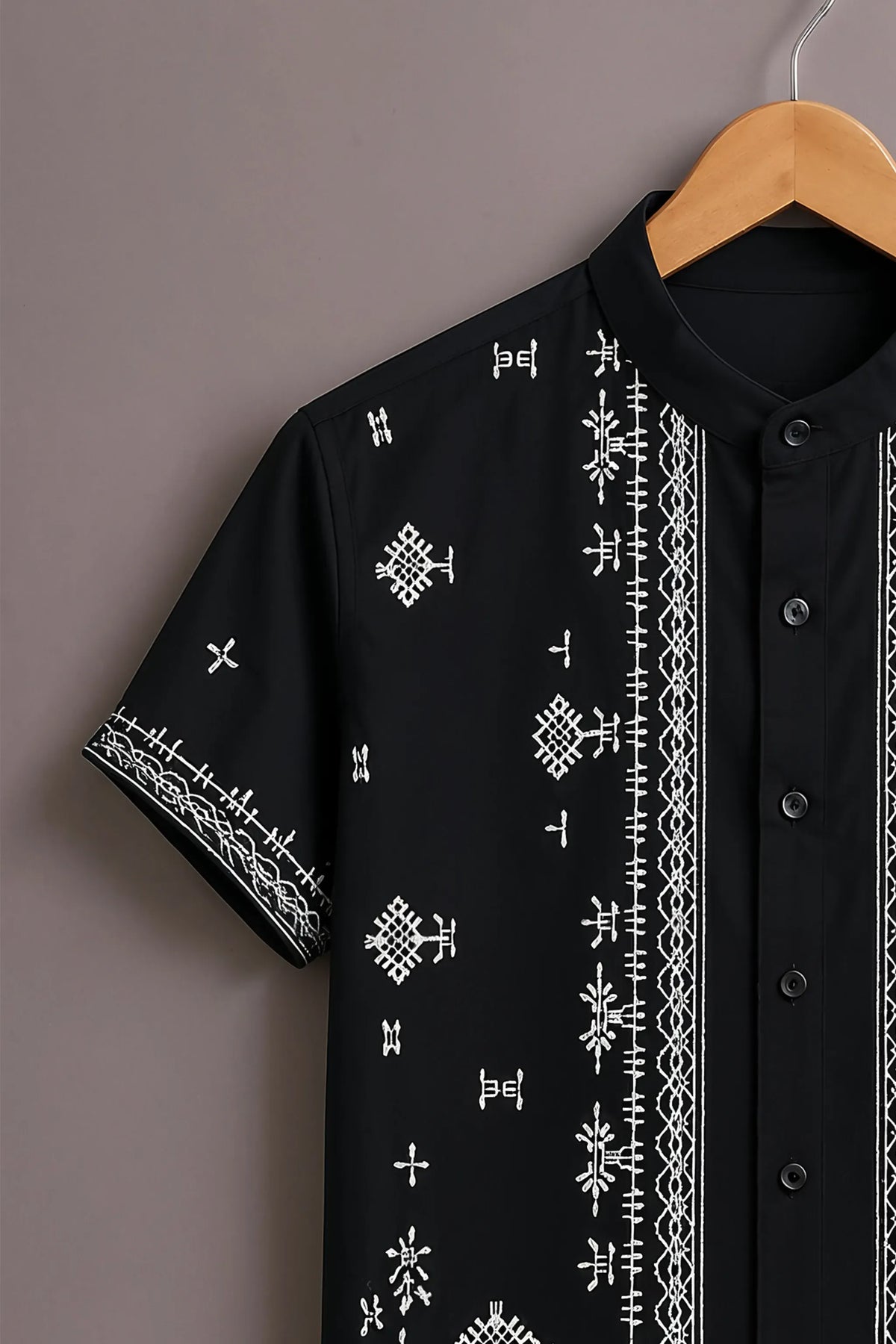 Men's Premium Black Ethnic Embroidered Mandarin Collar Shirt
