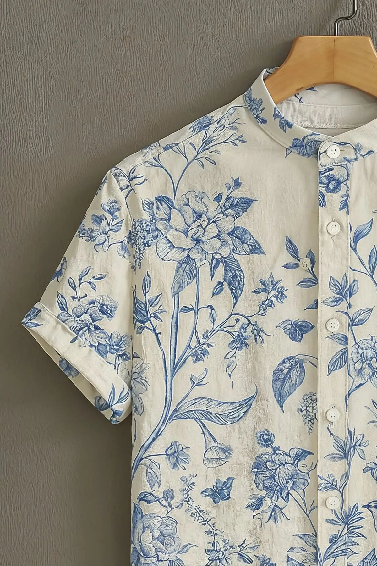 Men's Blue Floral Garden Print Mandarin Collar Shirt