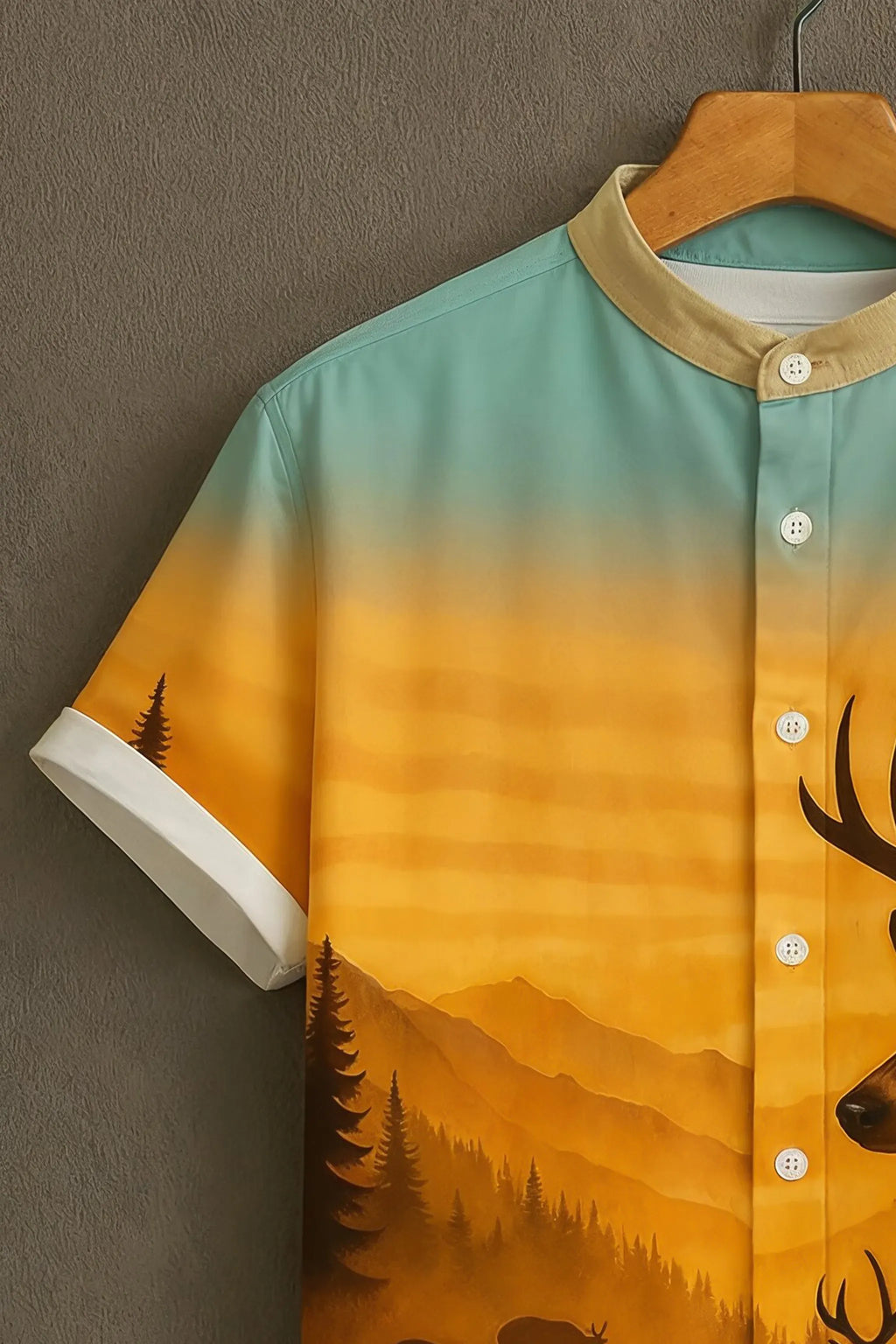 Men's Deer Forest Print Mandarin Collar Shirt Orange