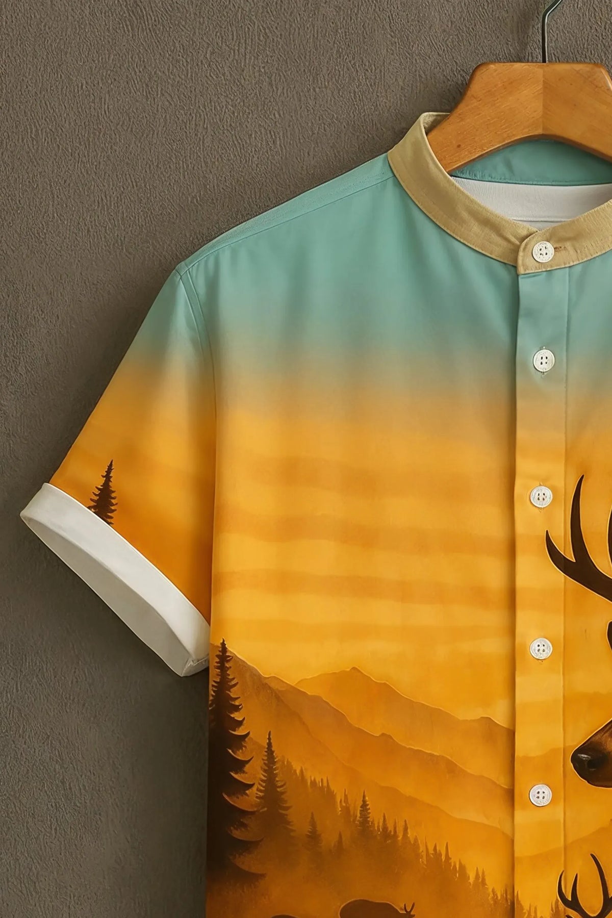 Men's Deer Forest Print Mandarin Collar Shirt Orange