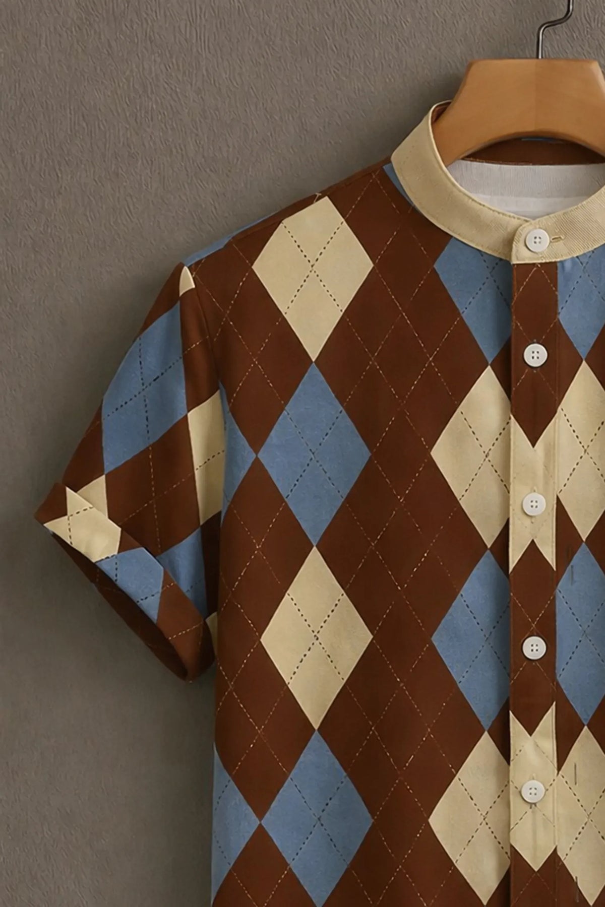 Men's Argyle Mandarin Collar Short Sleeve Shirt Brown Blue
