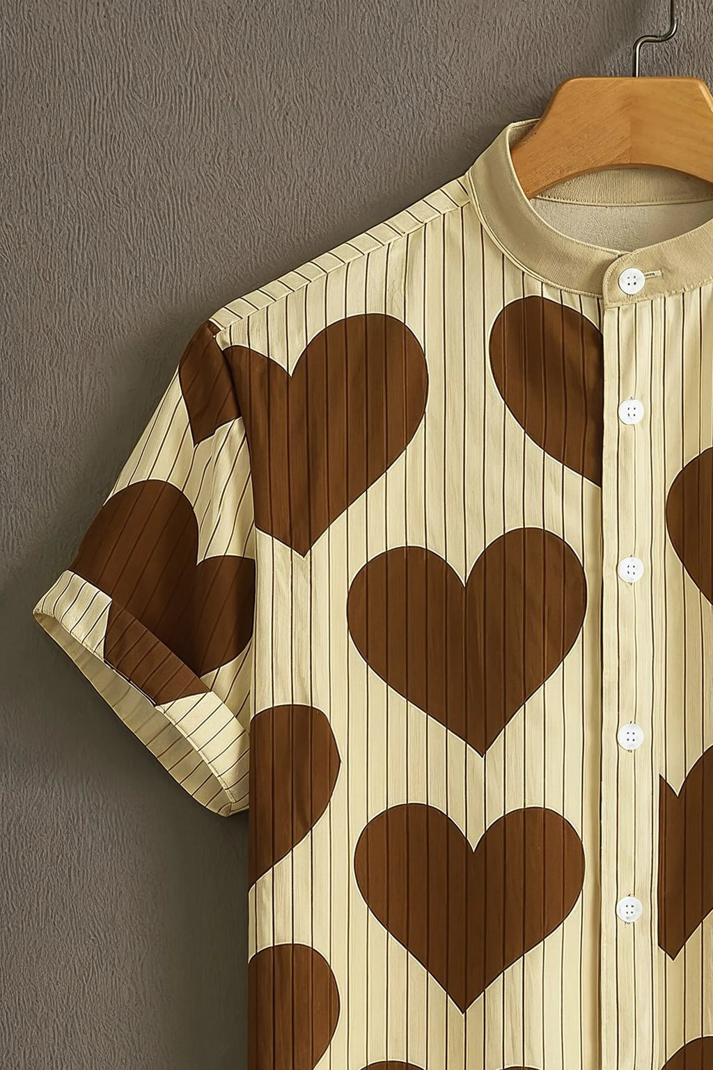 Men's Cream Brown Heart Print Mandarin Collar Shirt