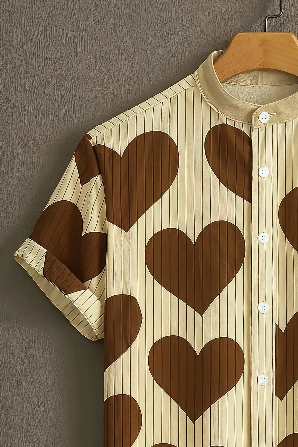 Men's Cream Brown Heart Print Mandarin Collar Shirt