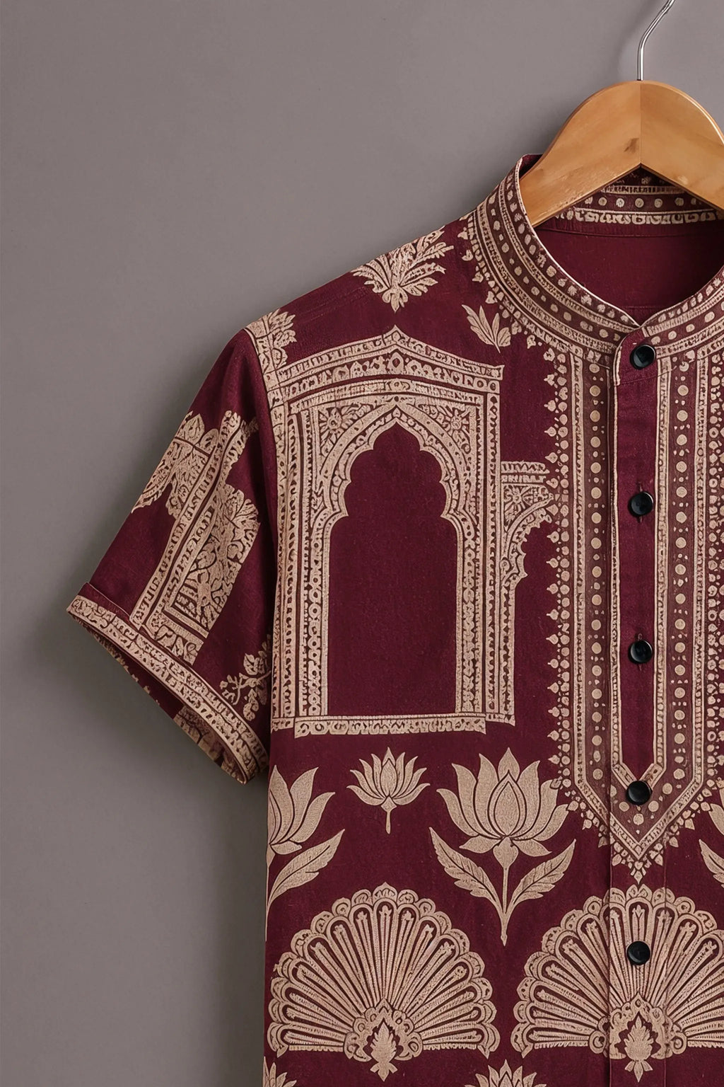 Men's Premium Maroon Heritage Print Mandarin Collar Shirt
