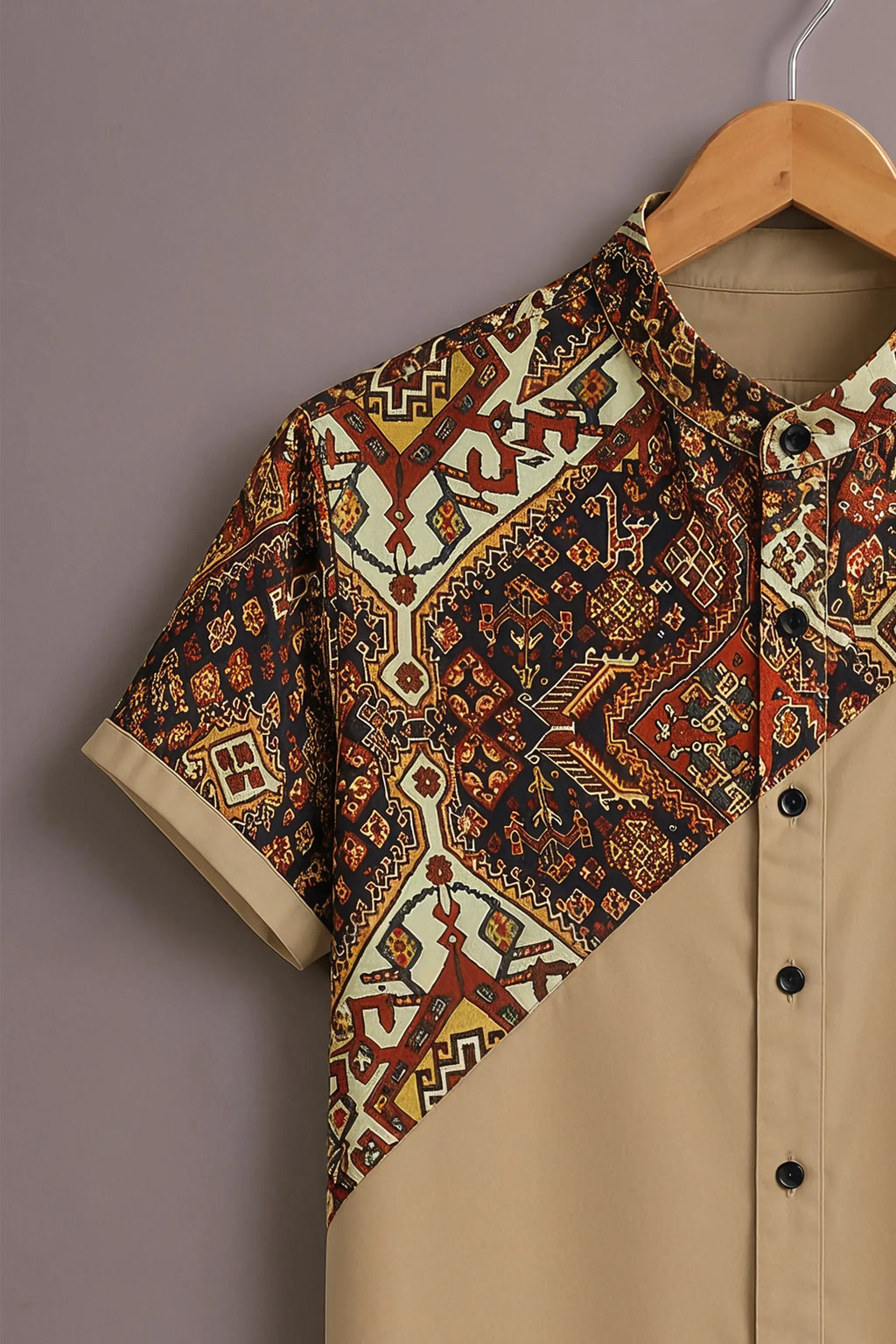 Men's Beige Geometric Ethnic Print Mandarin Collar Shirt