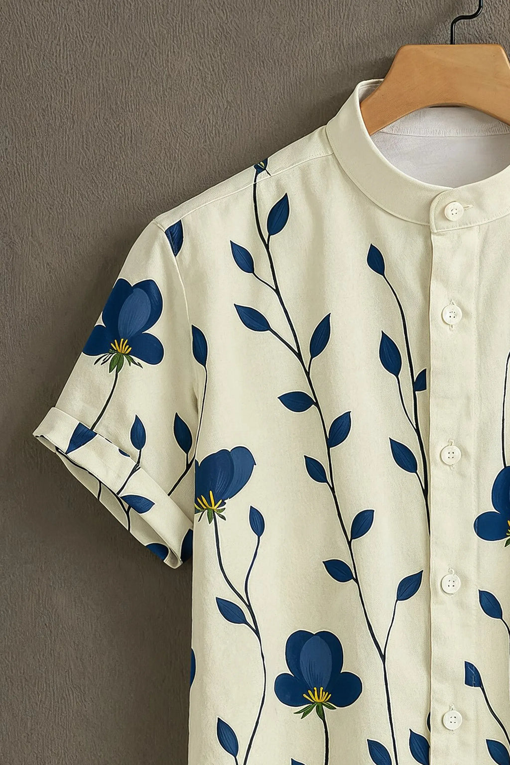 Men's Floral Vine Print Mandarin Collar Cream Blue