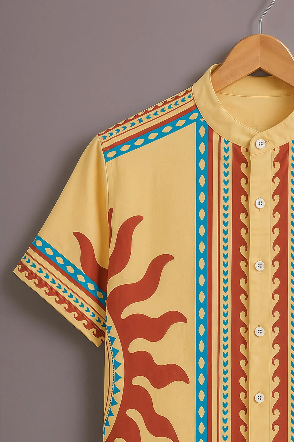 Men's Yellow Ethnic Print Mandarin Collar Shirt