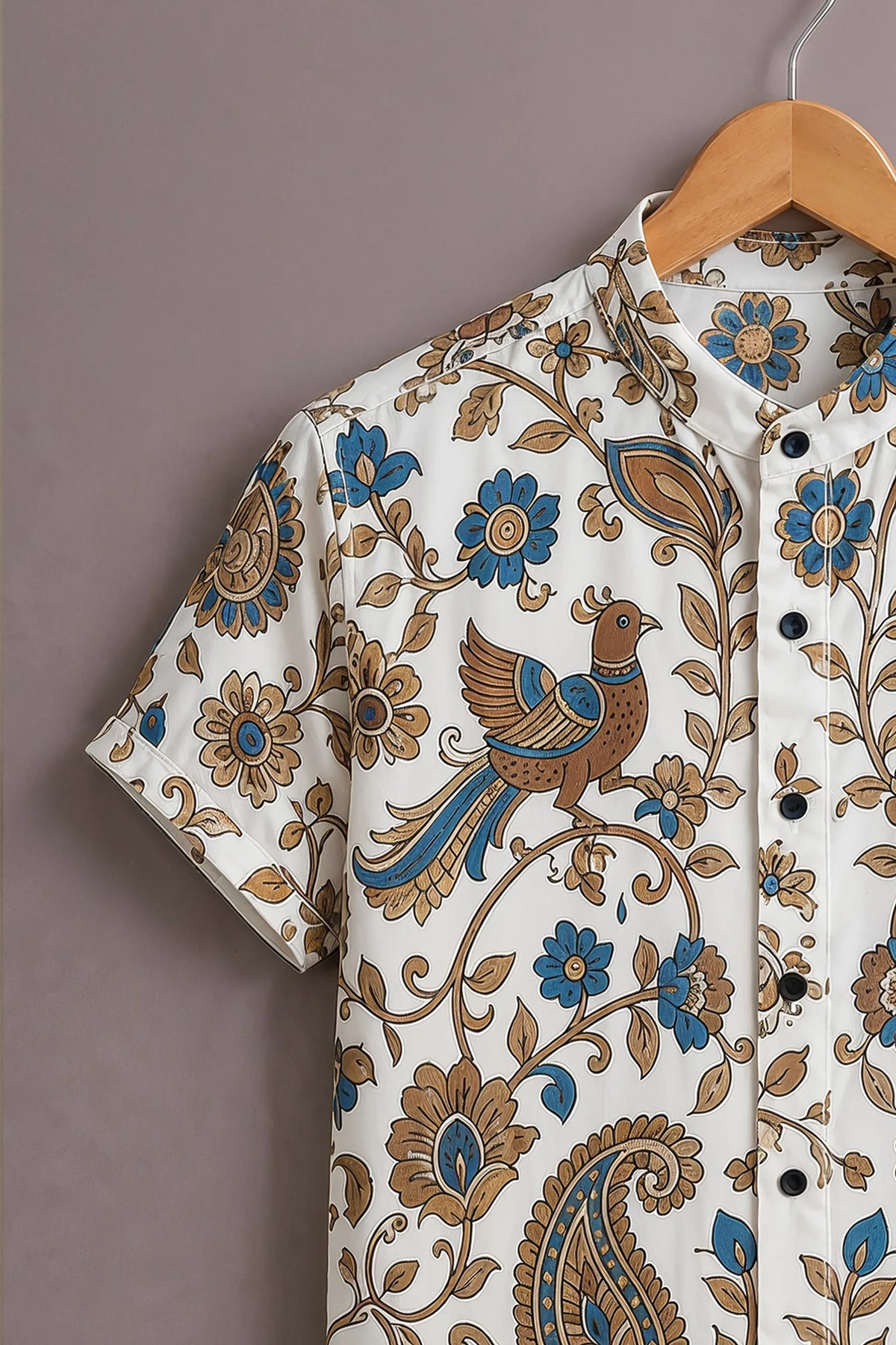 Men's Floral Peacock Print Mandarin Collar Shirt