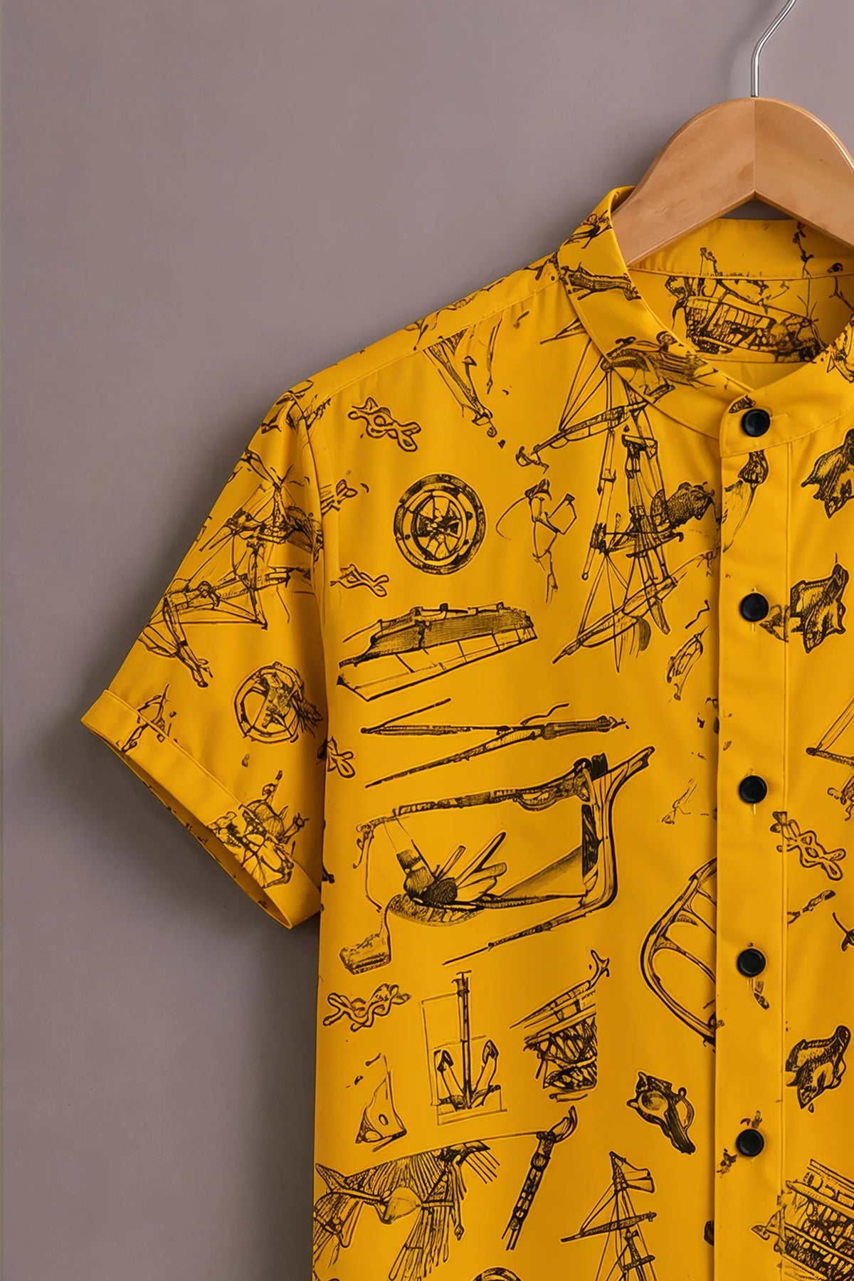 Men's Premium Yellow Vintage Nautical Print Mandarin Collar Shirt