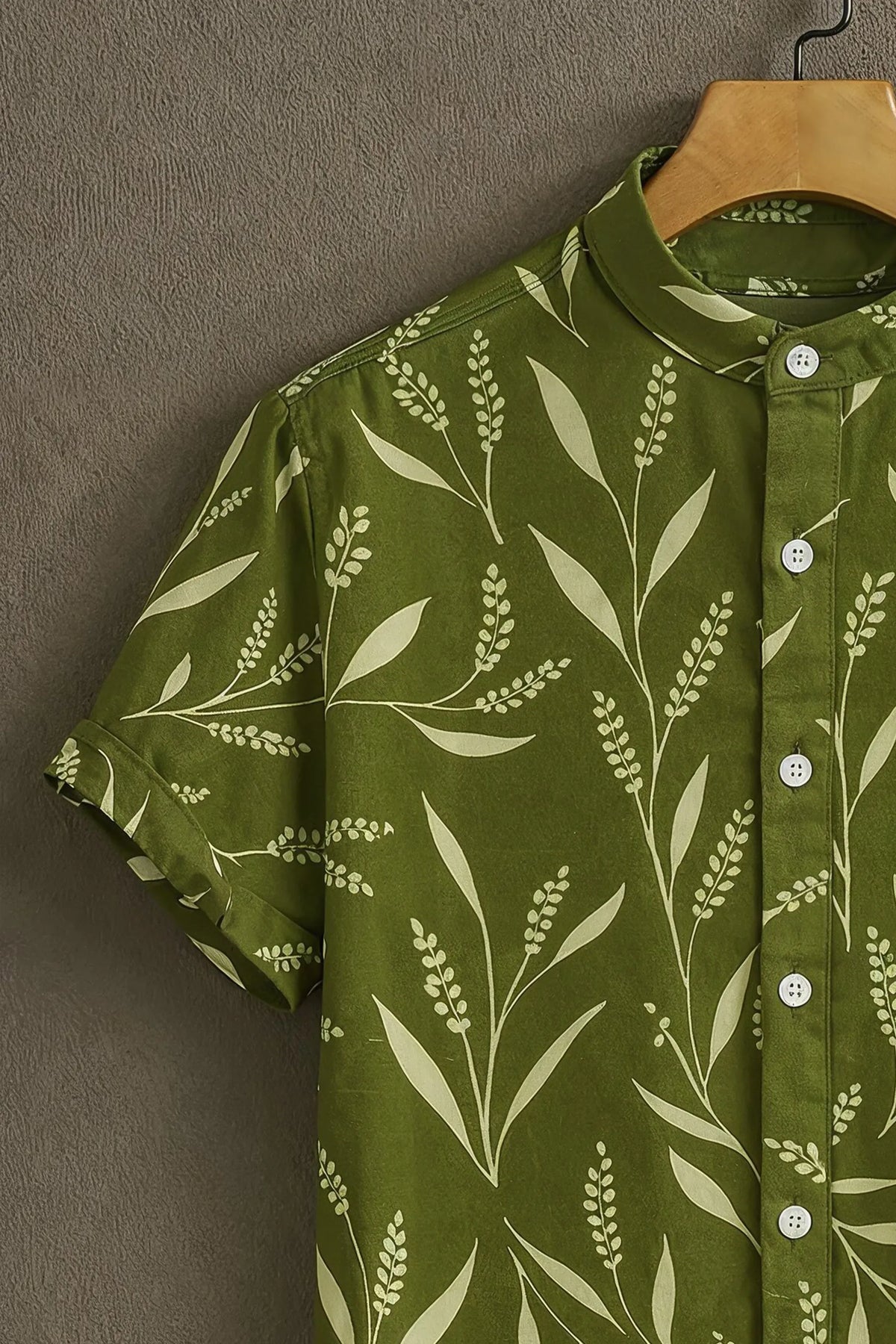Men's Olive Green Botanical Leaf Print Mandarin Collar Shirt