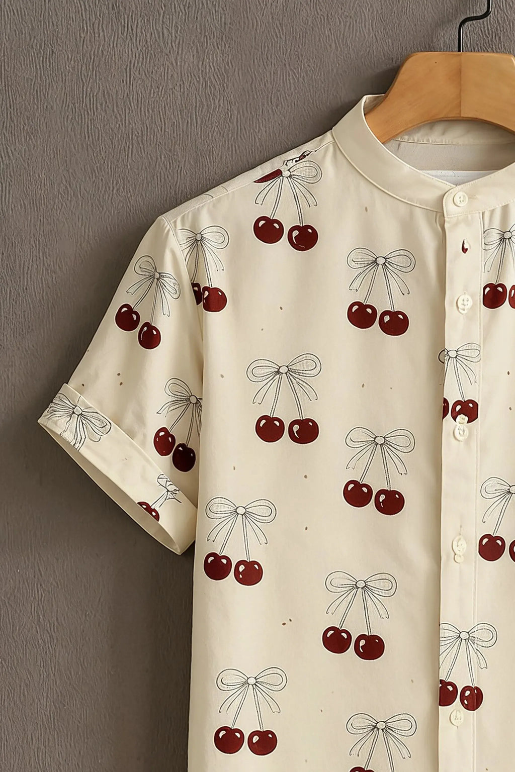 Men's Cream Cherry Bow Print Mandarin Collar Shirt