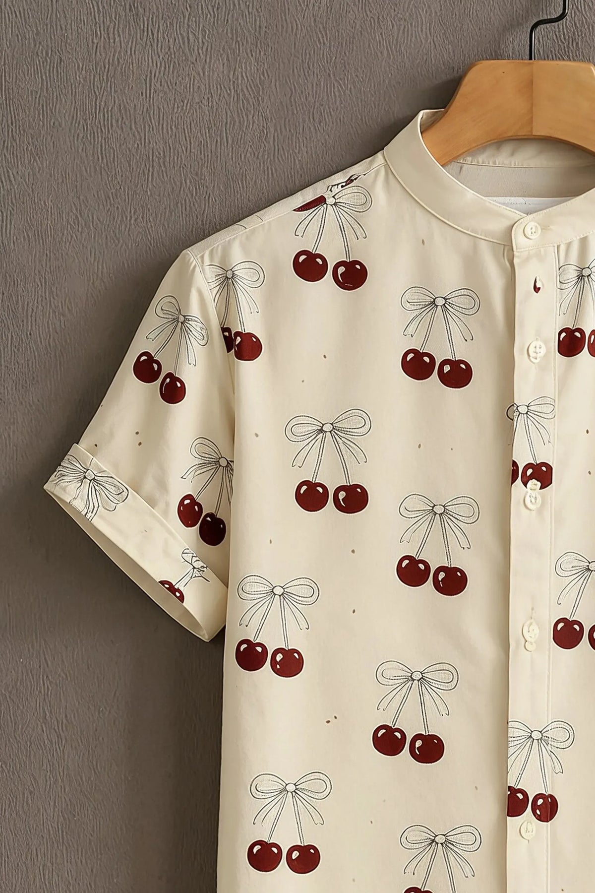 Men's Cream Cherry Bow Print Mandarin Collar Shirt
