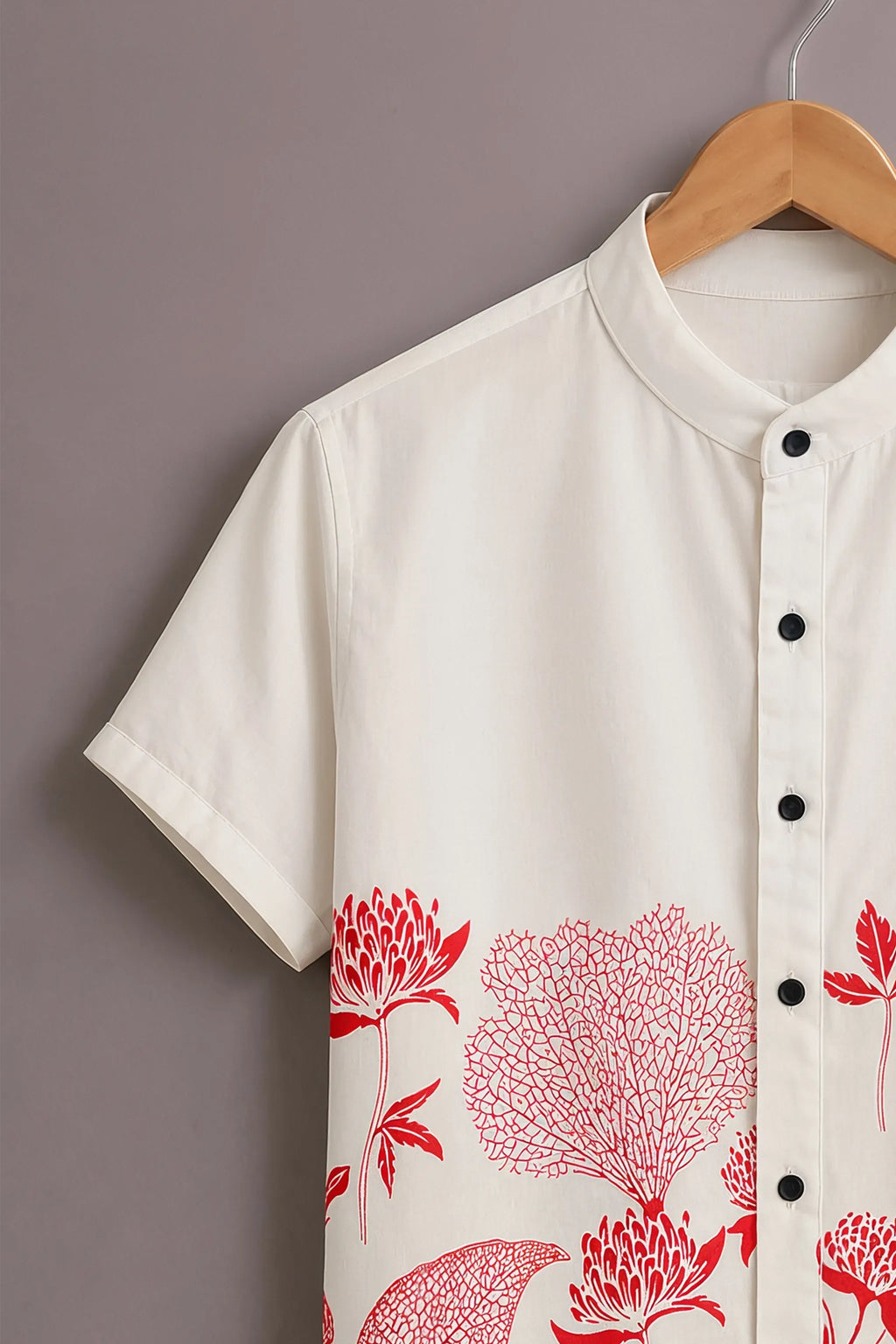 Men's Floral Mandarin Collar Shirt White Red