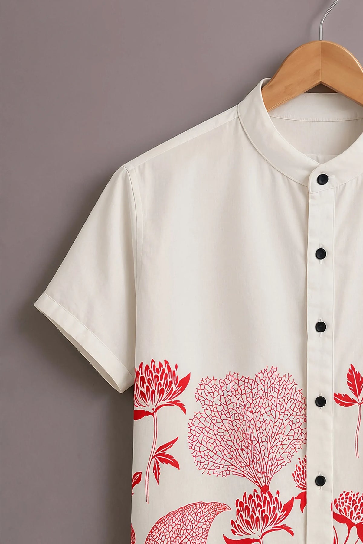 Men's Floral Mandarin Collar Shirt White Red
