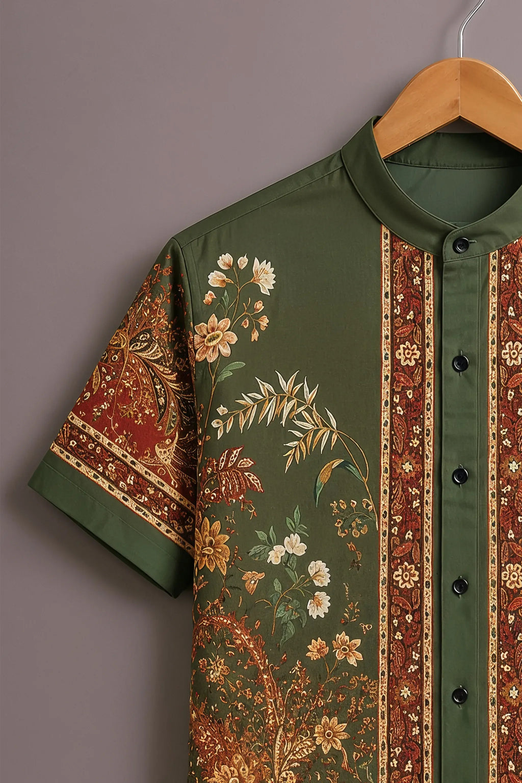 Men's Olive Green Floral Paisley Mandarin Collar Shirt