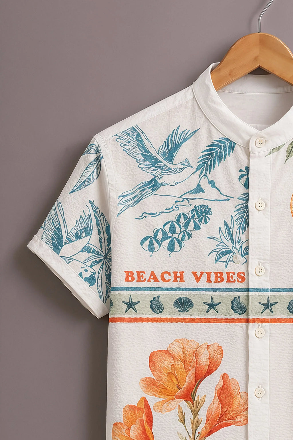 Men's Tropical Beach Vibes Printed Mandarin Collar Shirt