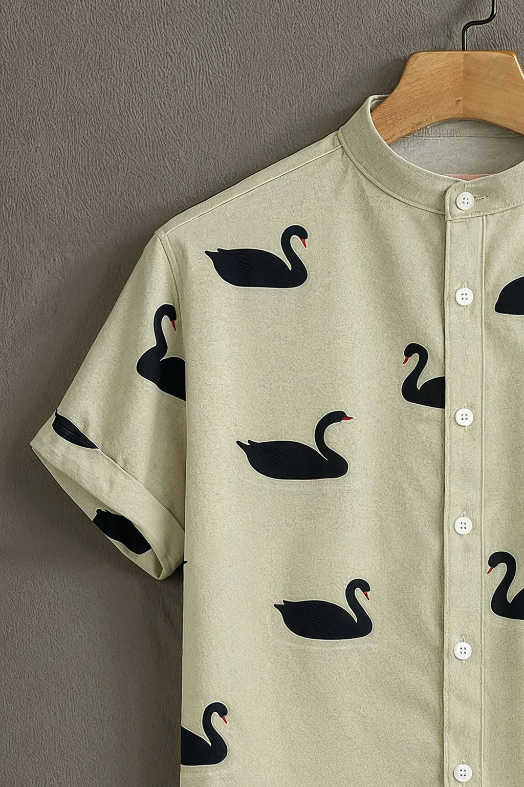 Men's Cream Black Swan Print Mandarin Collar Shirt