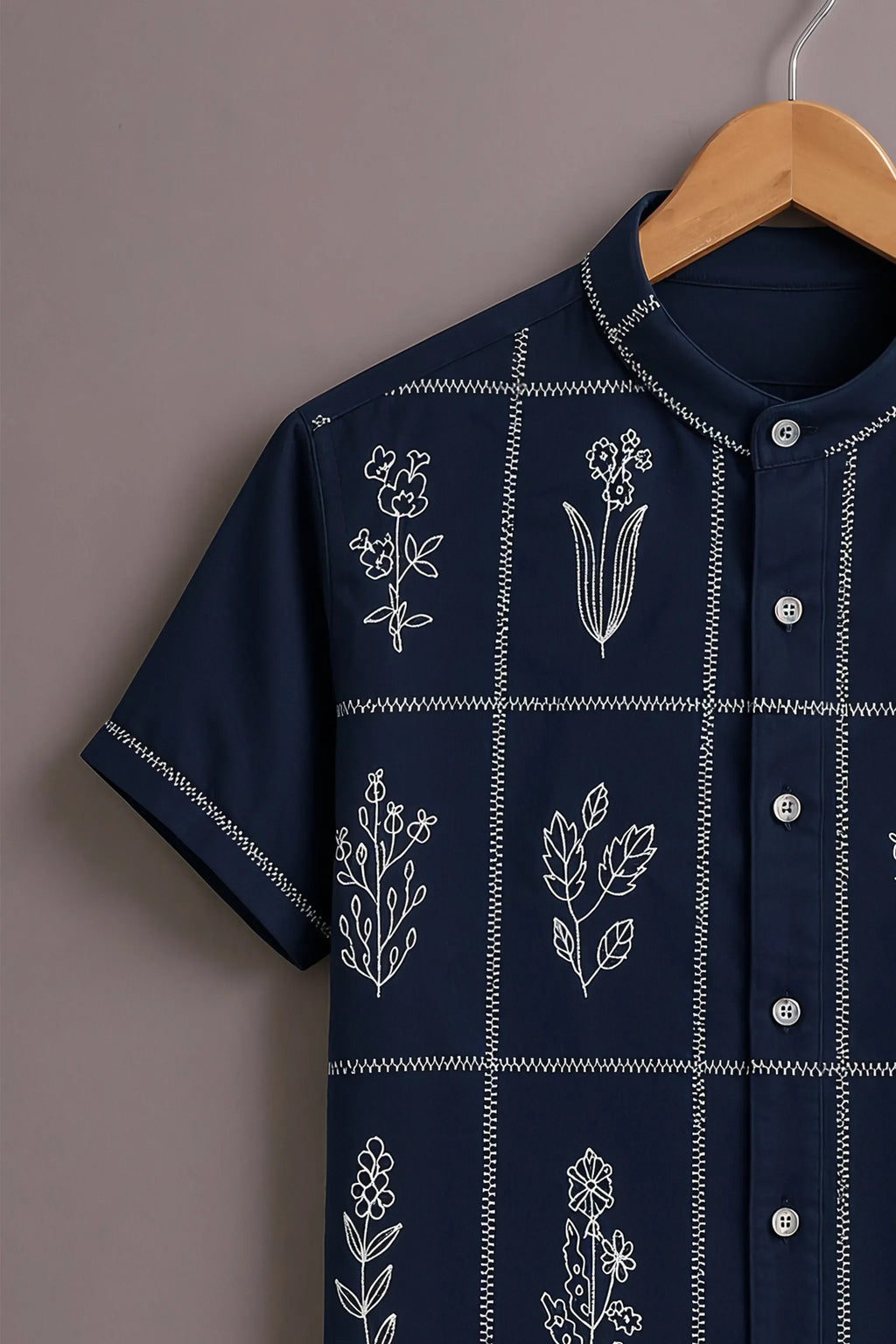 Men's Navy Blue Floral Grid Mandarin Collar Shirt