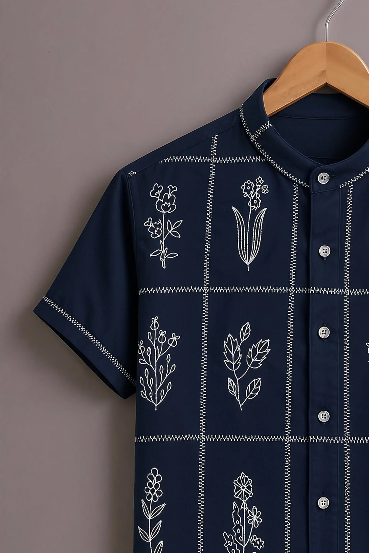 Men's Navy Blue Floral Grid Mandarin Collar Shirt