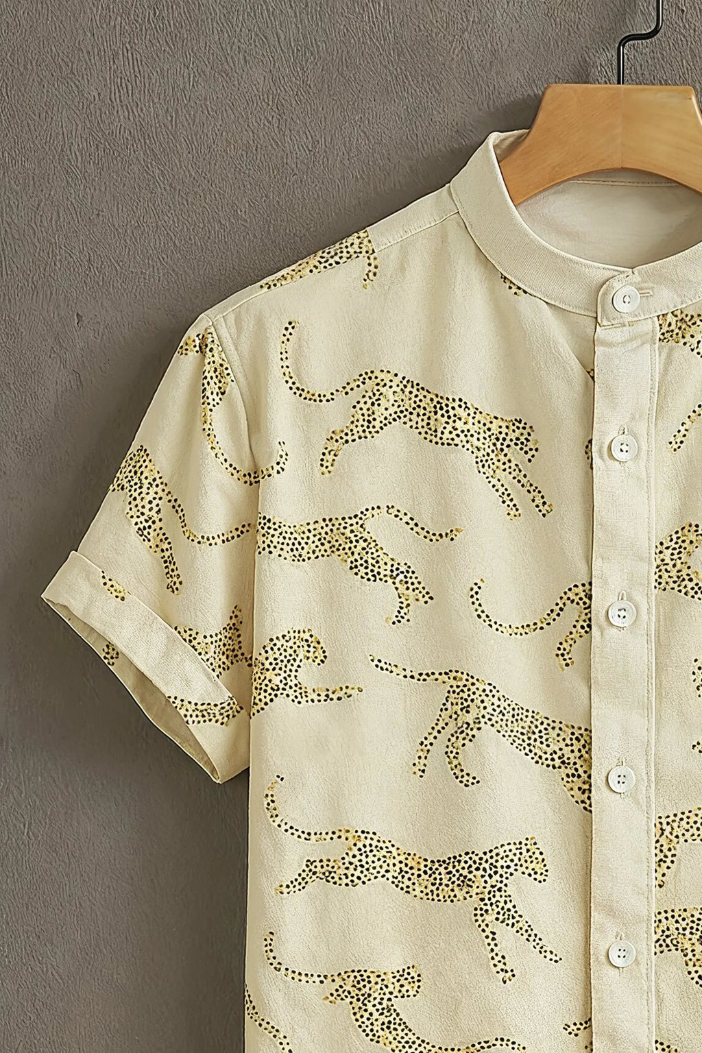Men's Cream Leopard Print Mandarin Collar Shirt