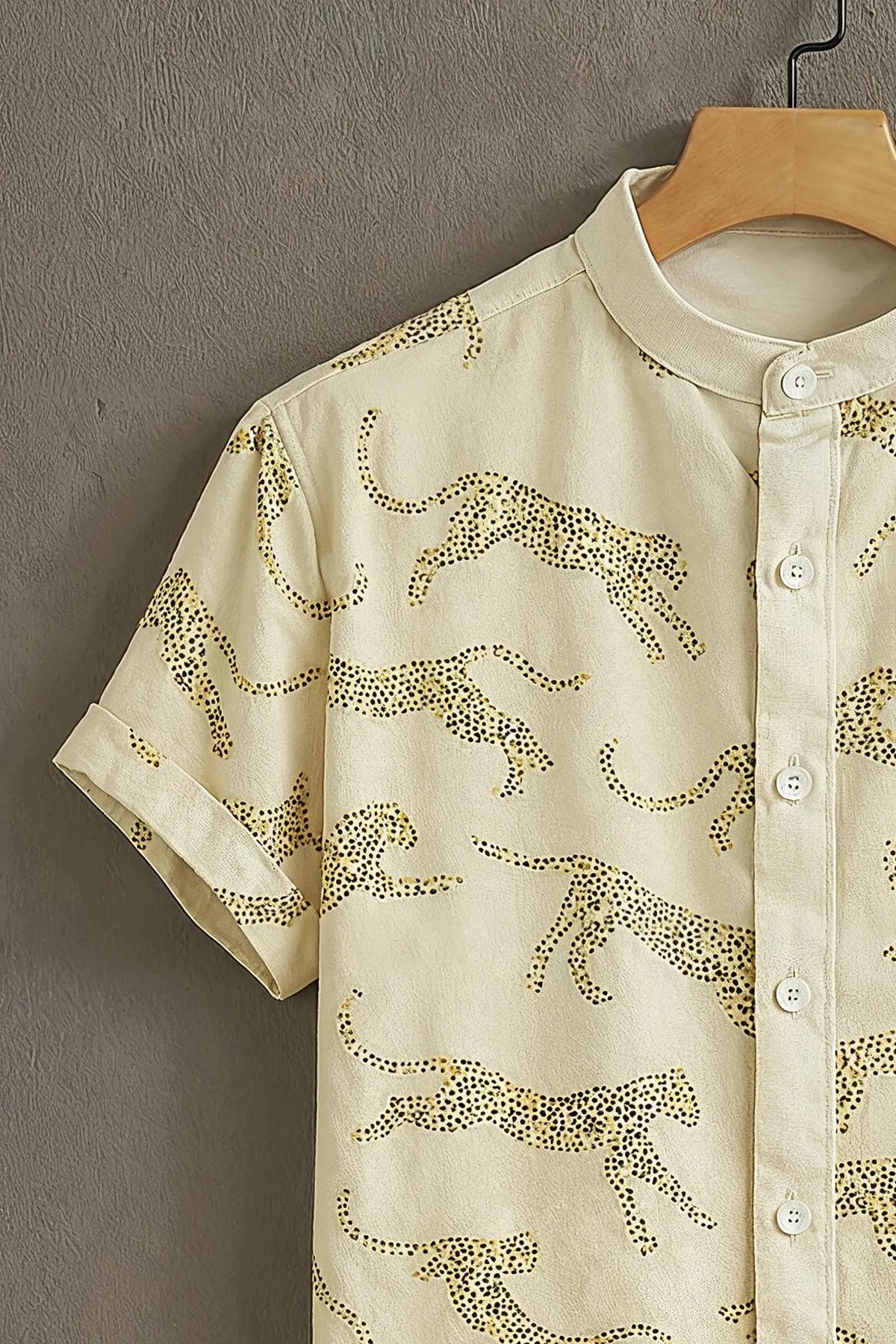 Men's Cream Leopard Print Mandarin Collar Shirt