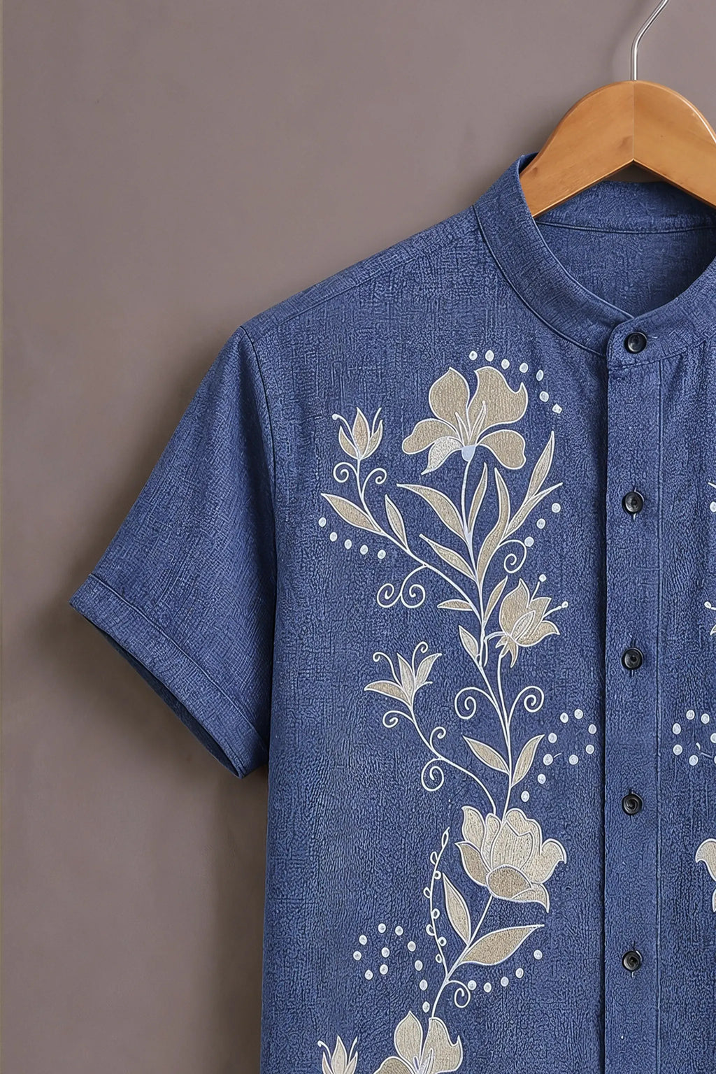 Men's Blue Floral Embroidered Mandarin Collar Shirt