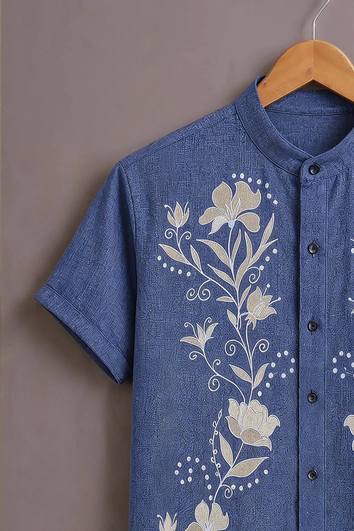 Men's Blue Floral Embroidered Mandarin Collar Shirt