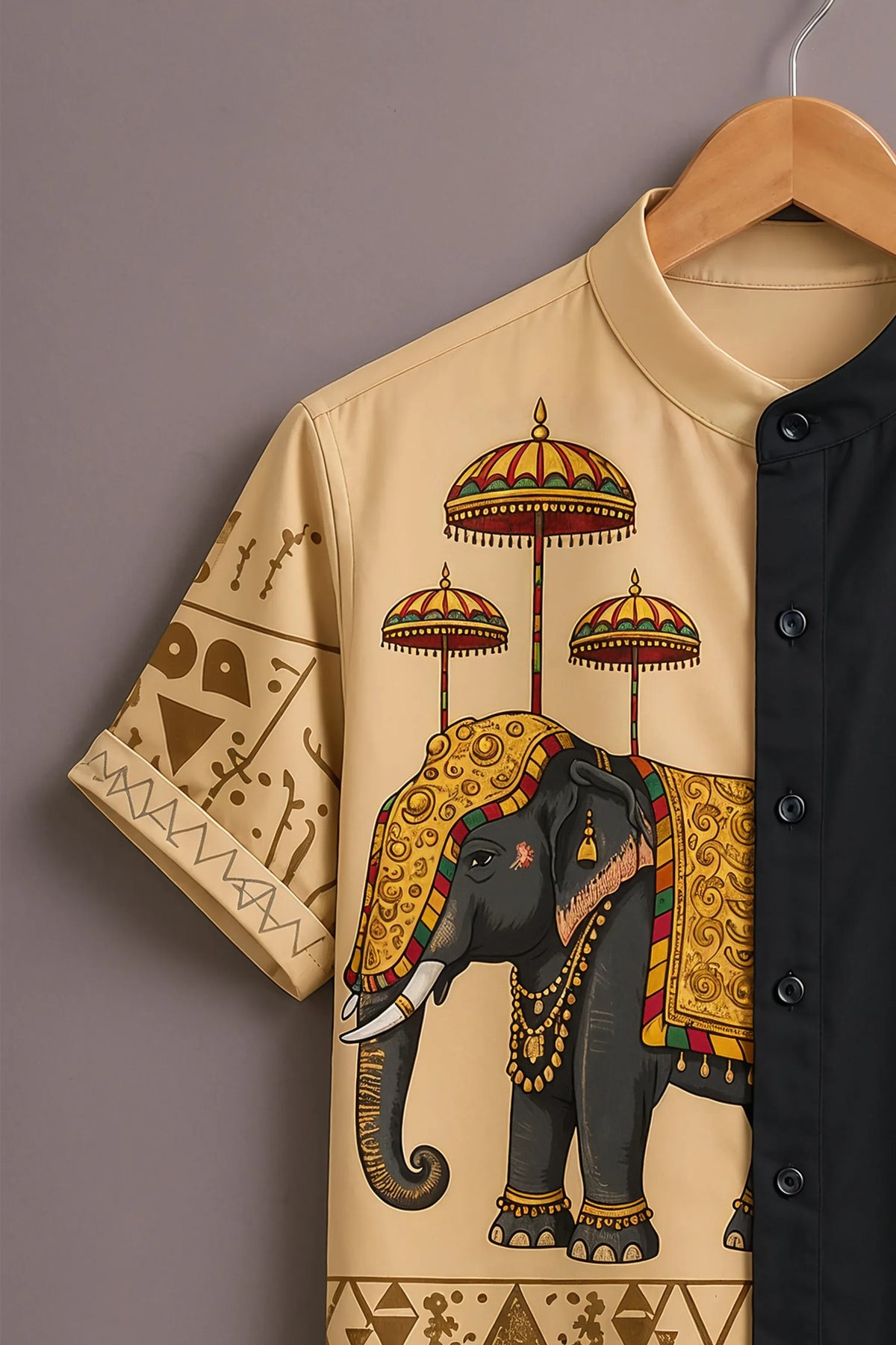 Men's Elephant Print Mandarin Collar Shirt Black Beige