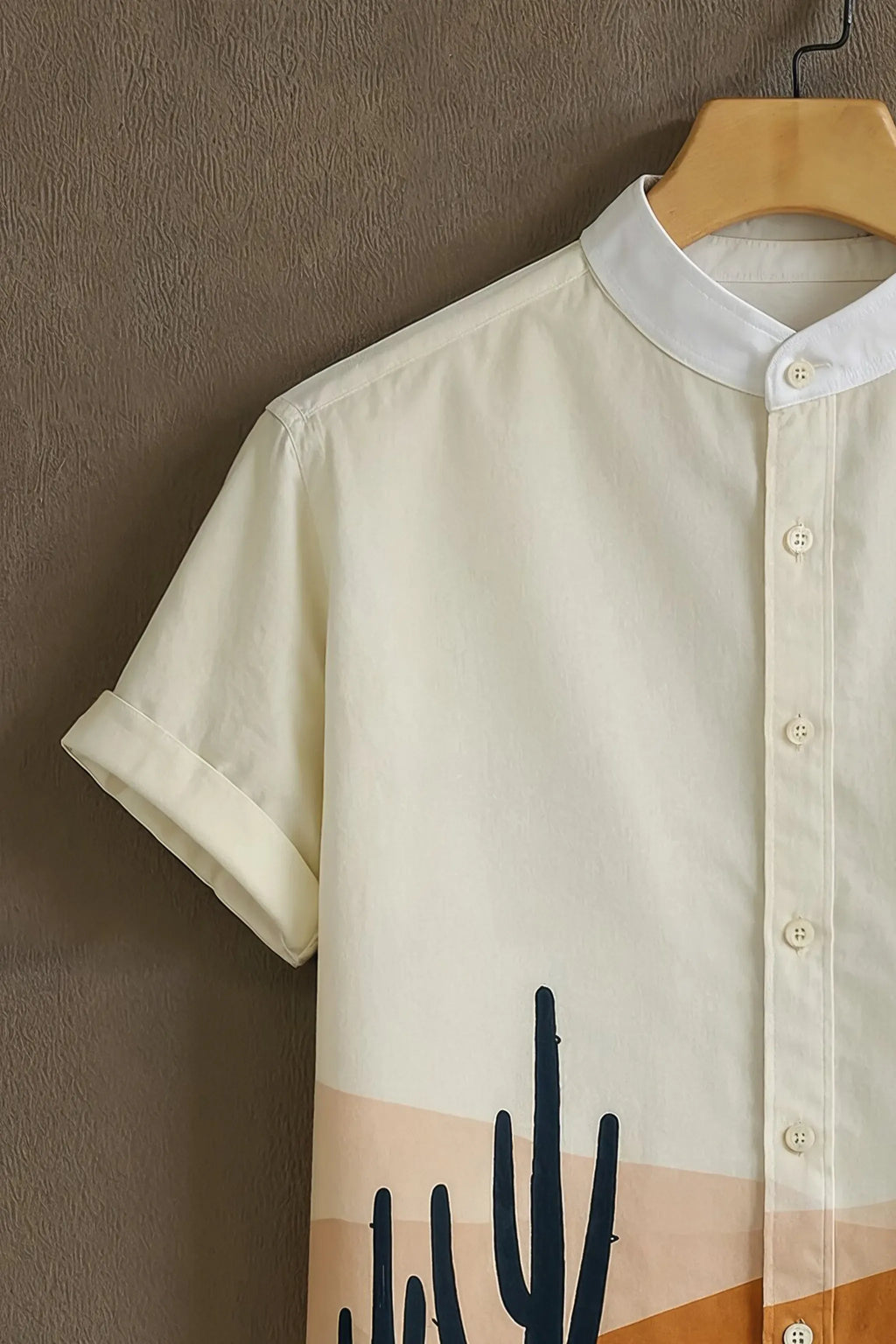 Men's Desert Cactus Sunset Graphic Mandarin Collar Shirt Beige
