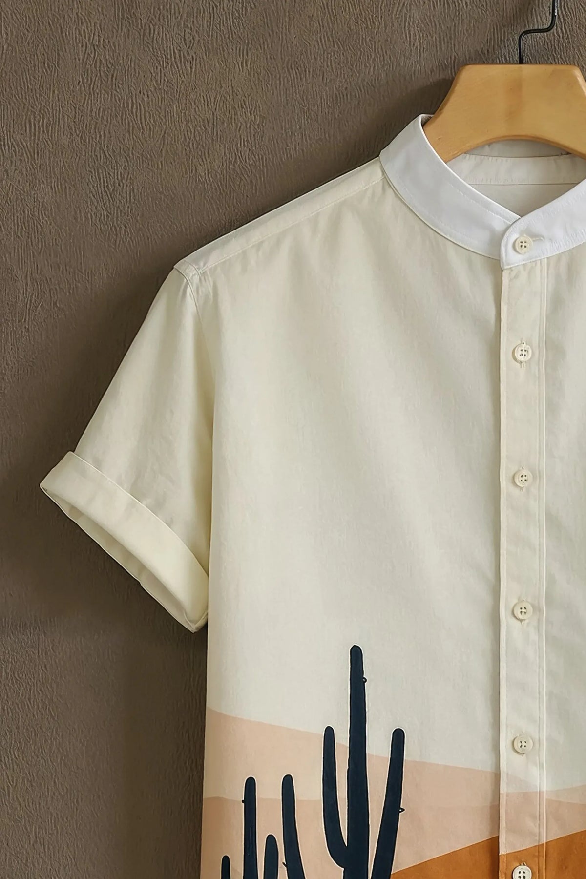 Men's Desert Cactus Sunset Graphic Mandarin Collar Shirt Beige