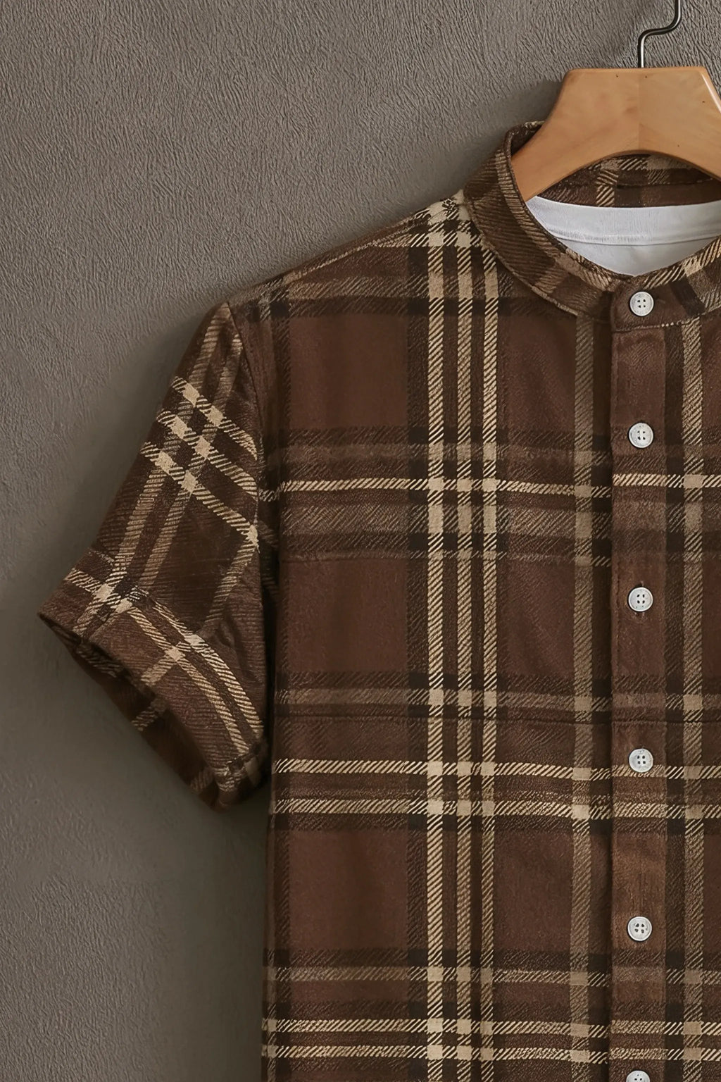 Men's Brown Beige Plaid Check Mandarin Collar Half Sleeve Shirt