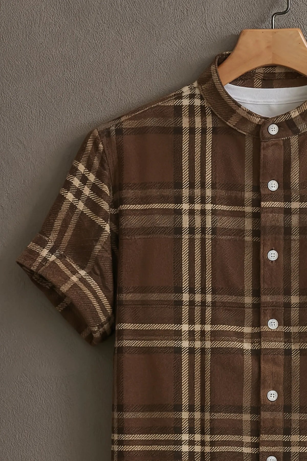 Men's Brown Beige Plaid Check Mandarin Collar Half Sleeve Shirt