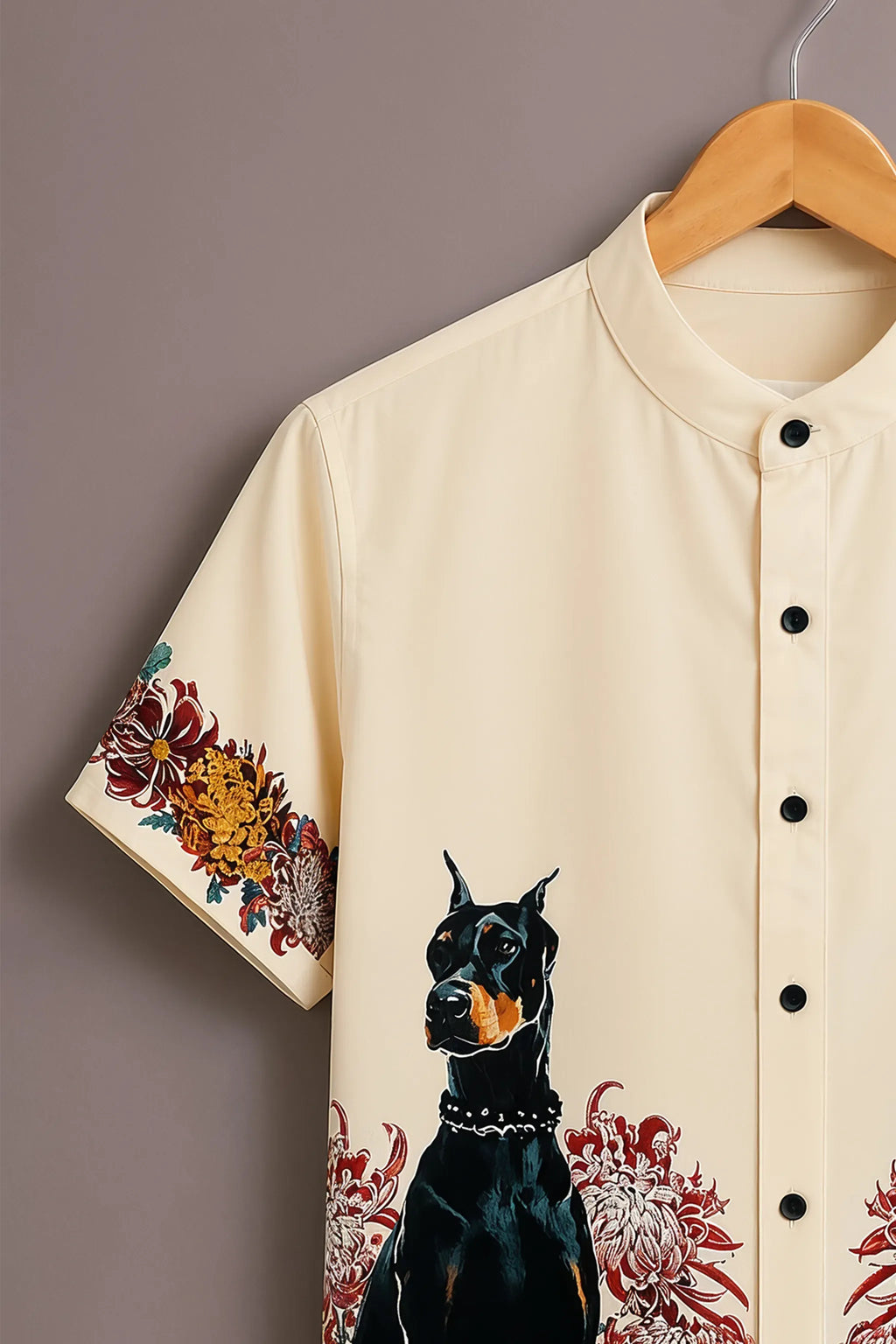 Men's Premium Cream Doberman Floral Print Mandarin Collar Shirt