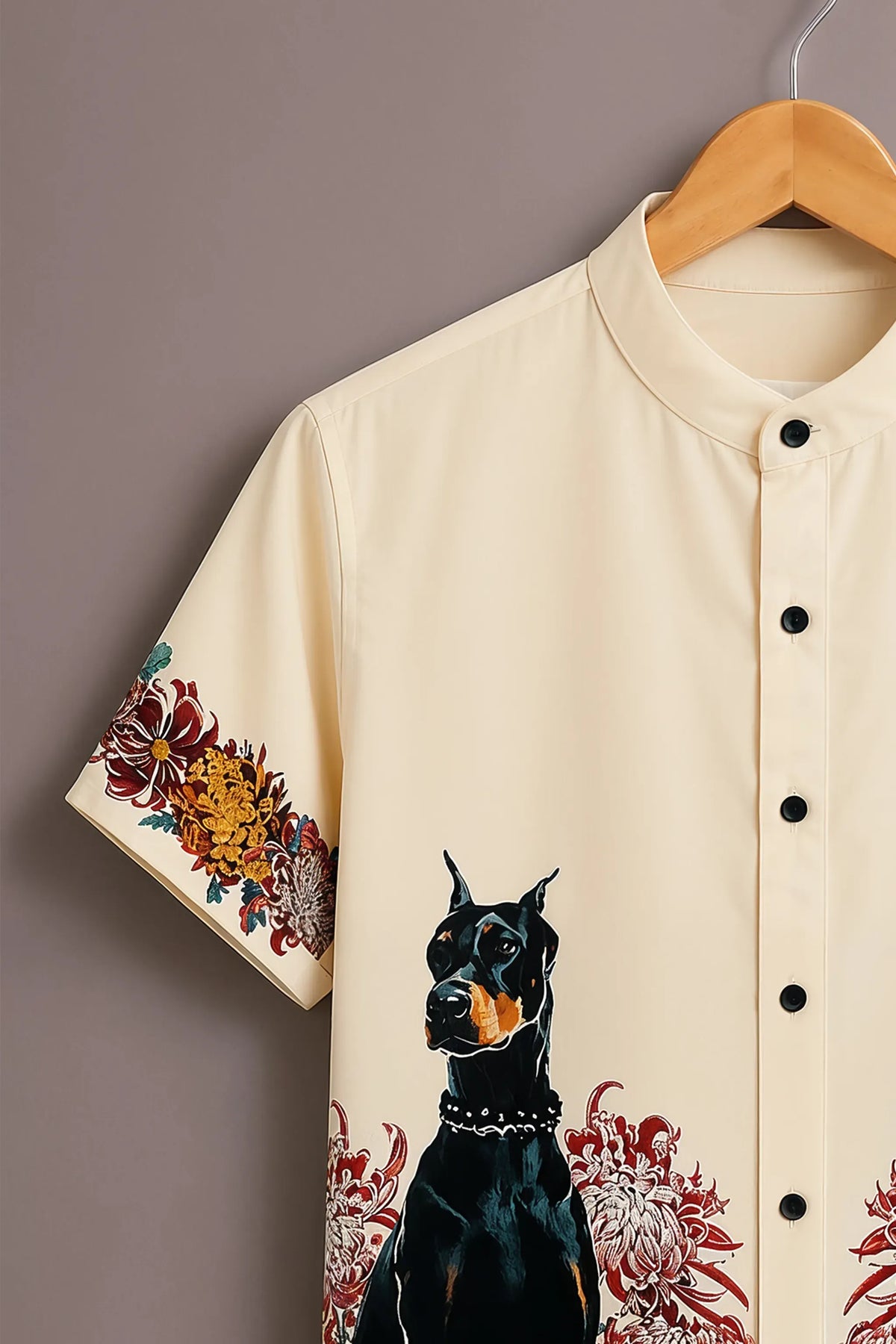 Men's Premium Cream Doberman Floral Print Mandarin Collar Shirt