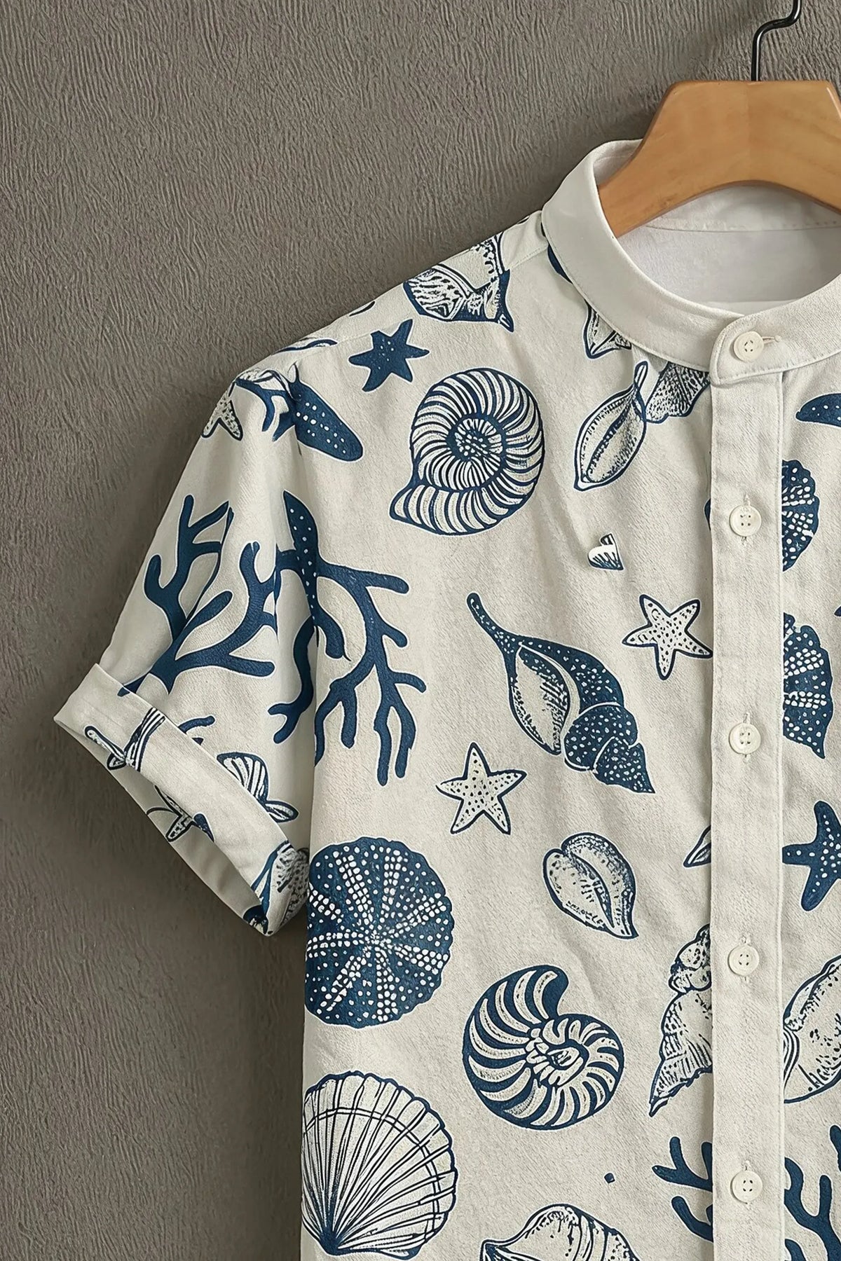 Men's Seashell Starfish Print Mandarin Collar Shirt
