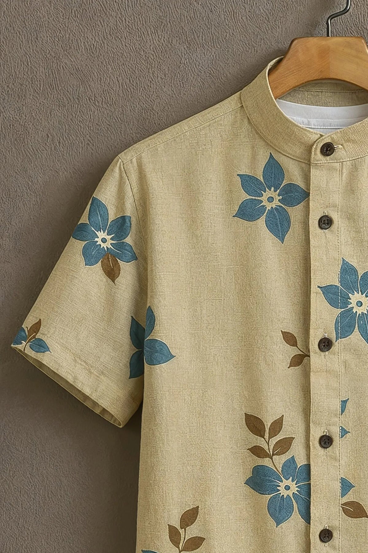 Men's Blue Floral Print Mandarin Collar Shirt