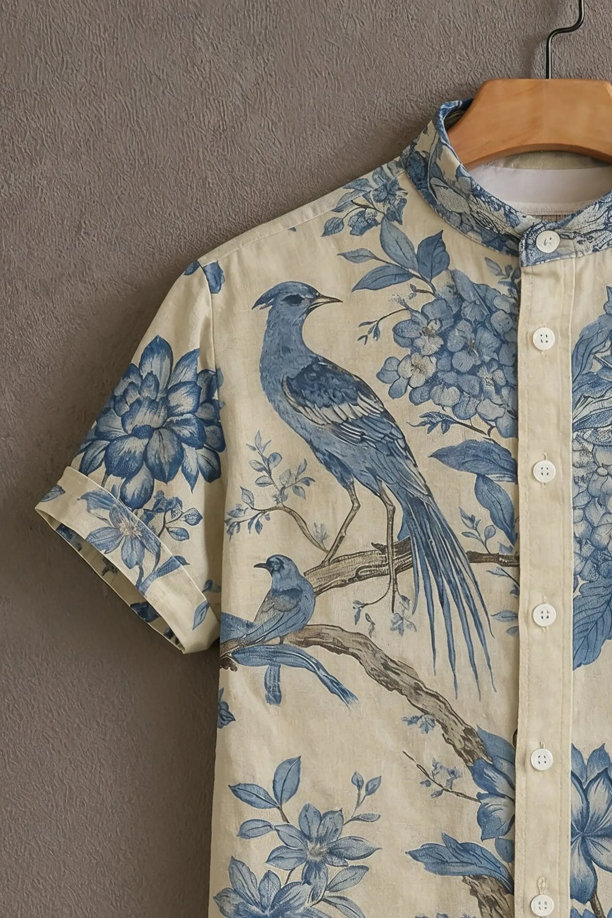 Men's Blue Floral Bird Print Mandarin Collar Shirt