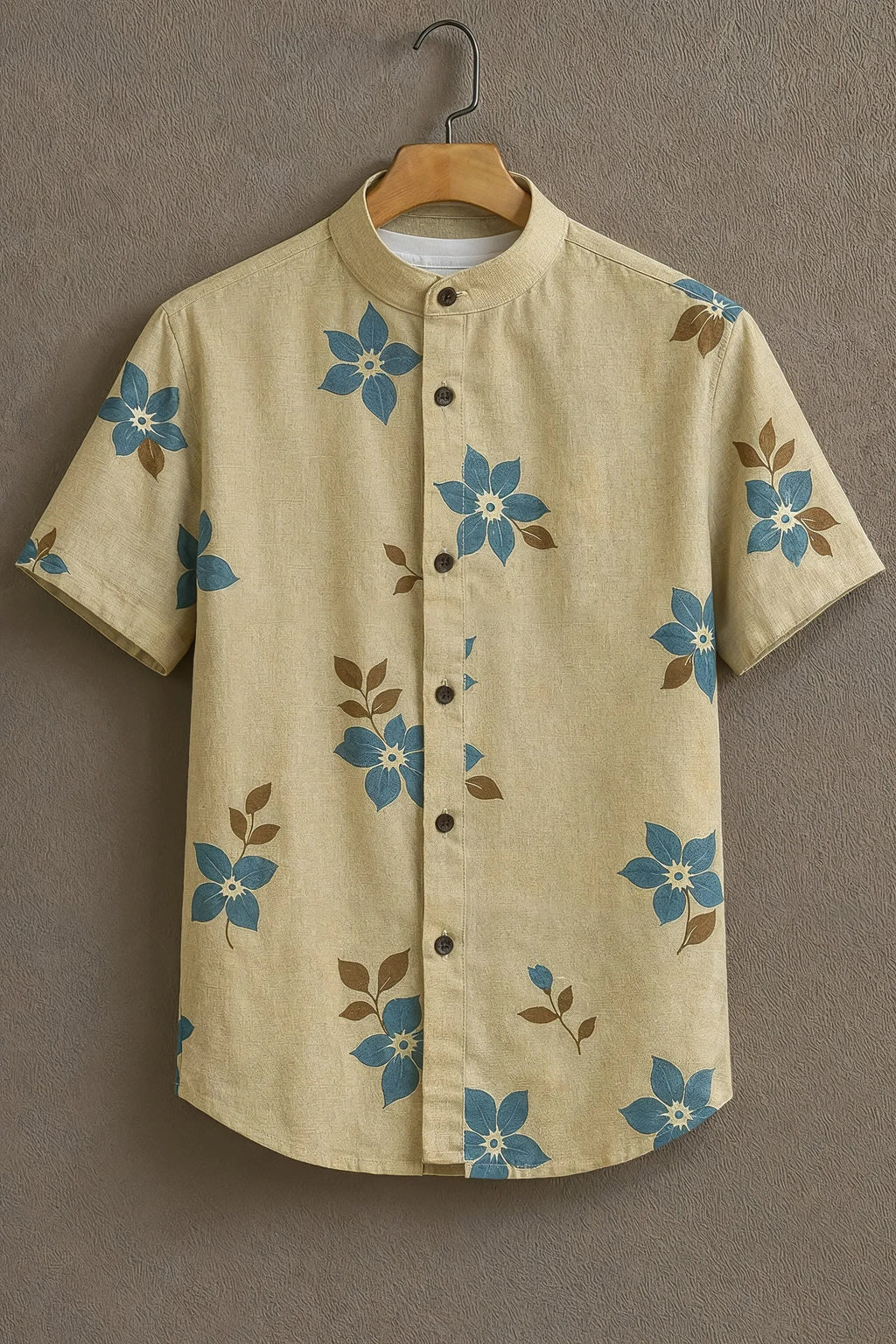 Men's Blue Floral Print Mandarin Collar Shirt