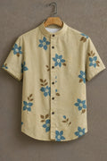 Men's Blue Floral Print Mandarin Collar Shirt