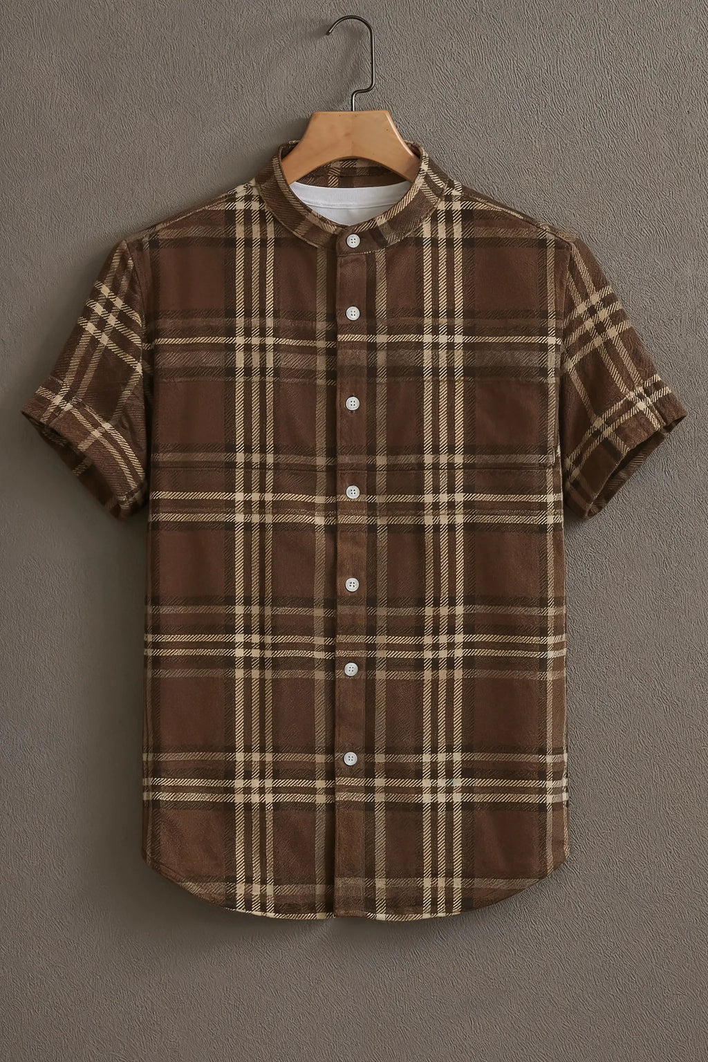 Men's Brown Beige Plaid Check Mandarin Collar Half Sleeve Shirt