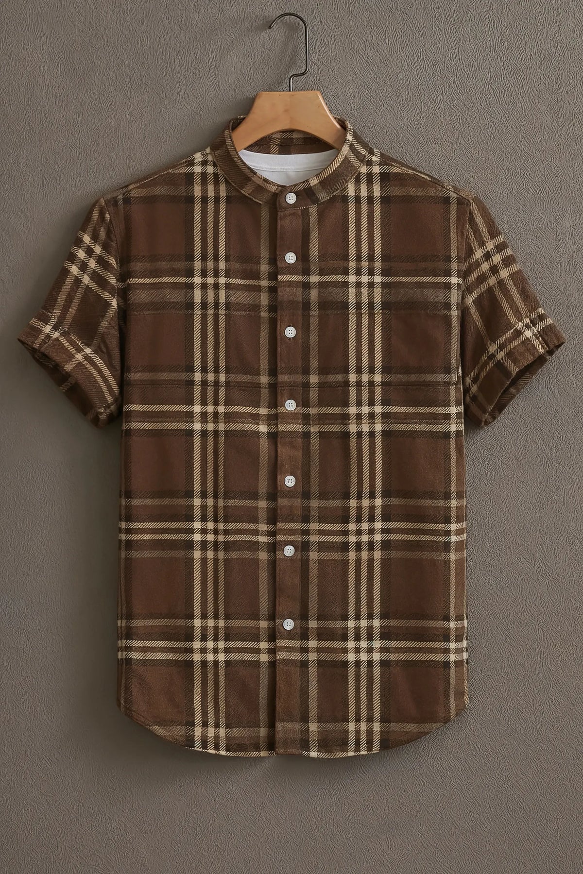 Men's Brown Beige Plaid Check Mandarin Collar Half Sleeve Shirt