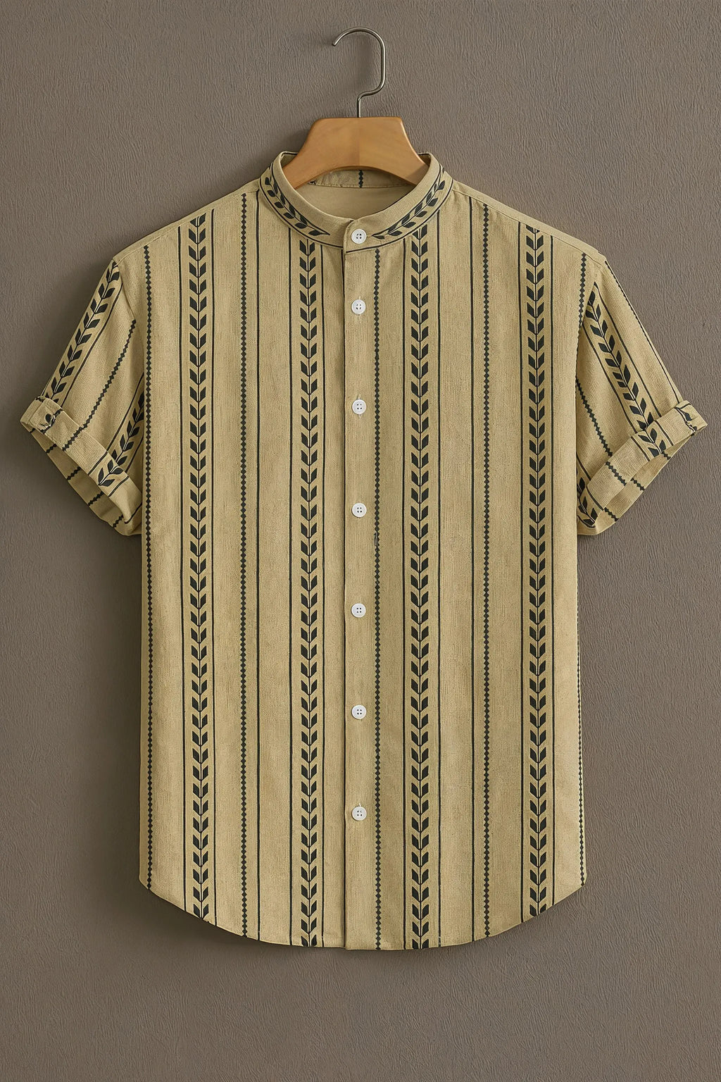 Men's Beige Black Leaf Stripe Mandarin Collar Half Sleeve Shirt