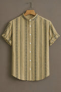 Men's Beige Black Leaf Stripe Mandarin Collar Half Sleeve Shirt