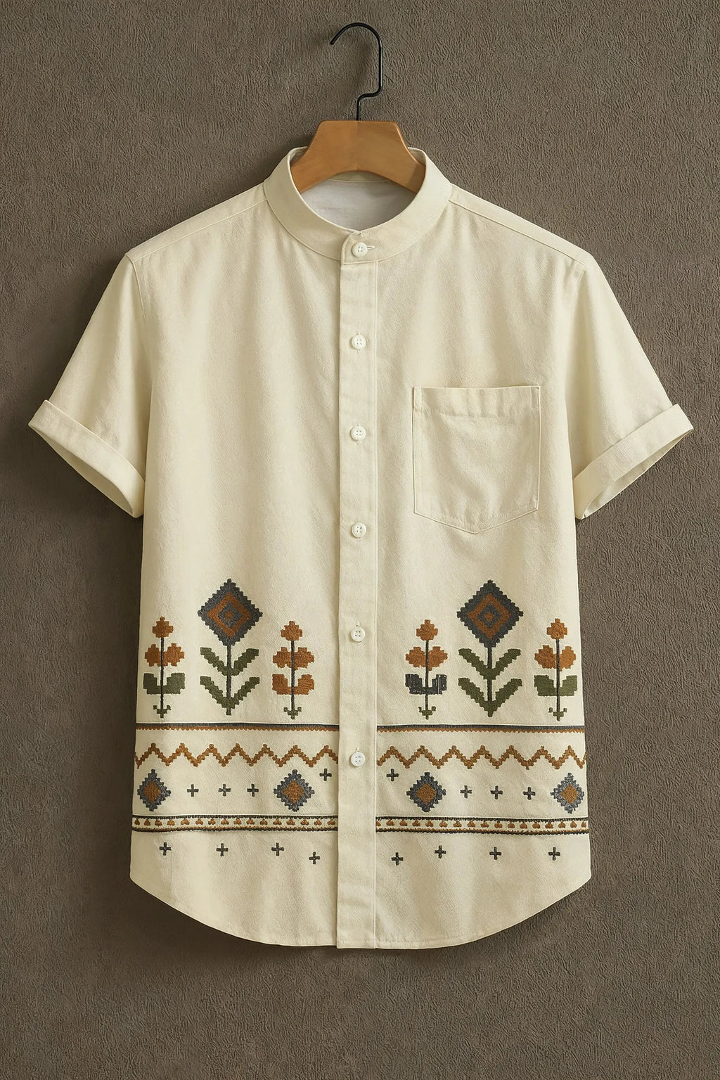 Men's Premium Embroidered Floral Geometric Mandarin Collar Shirt